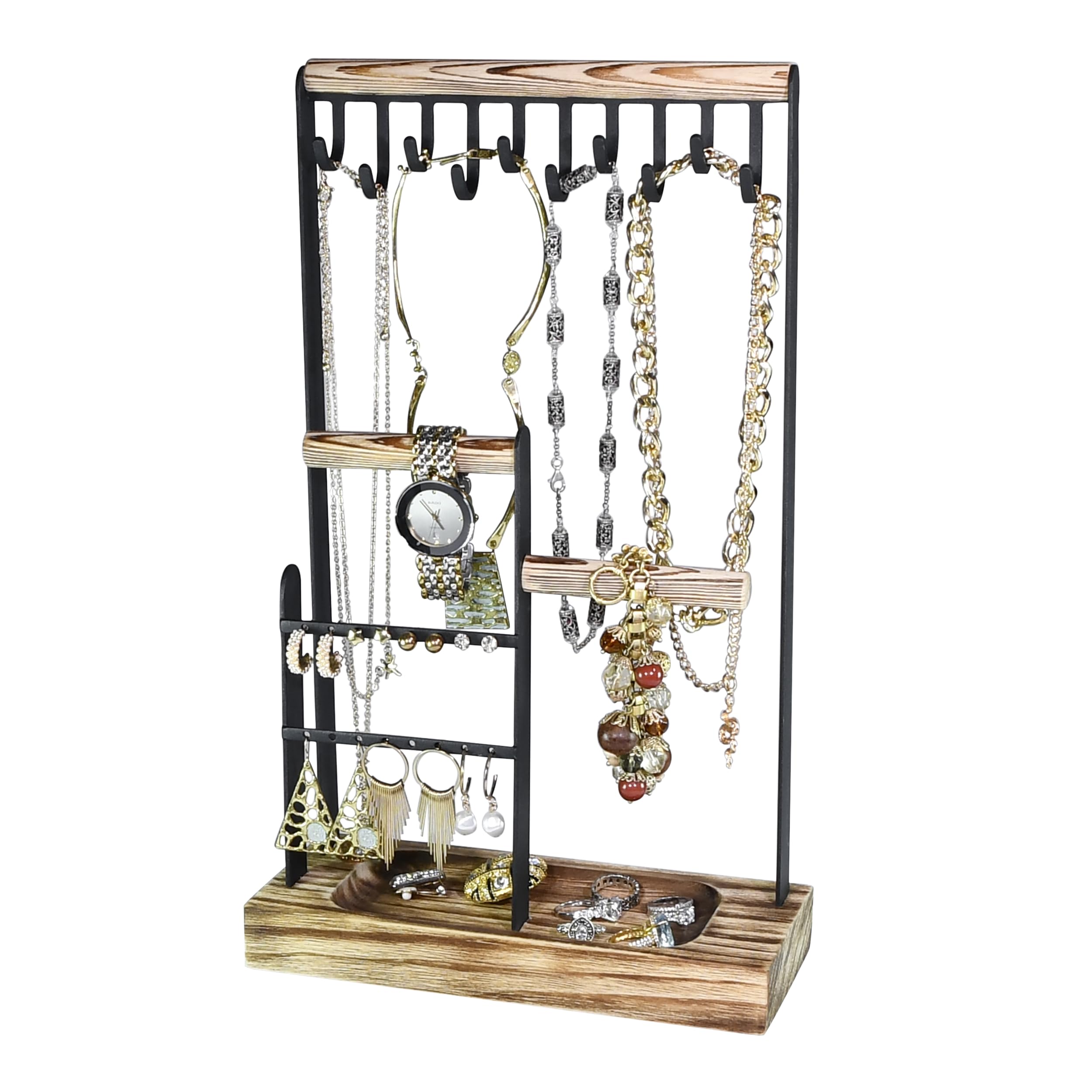 AMT Jewelry Organizer Stand, Wooden Tray, 14" Extra Tall | Earrings, Necklace & Bracelet Holder Organizer Display (Carbonized Black & Black, 10 Hooks)