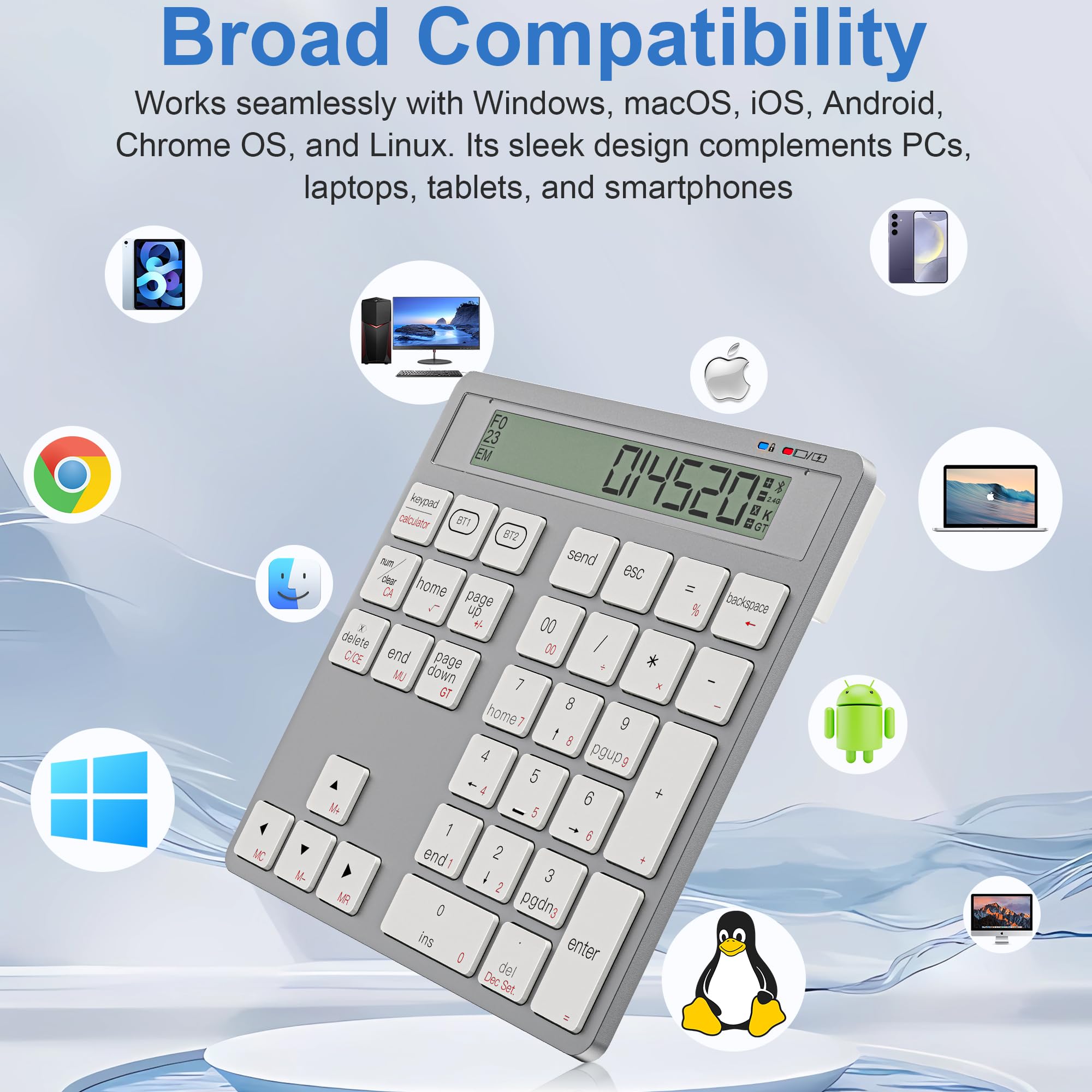 Tastierino numerico 2-in-1 ricaricabile con Bluetooth e USB, 34 tasti con display calcolatrice, sottile e portatile per PC/Mac/tablet, inserimento dati e contabilità rapidi