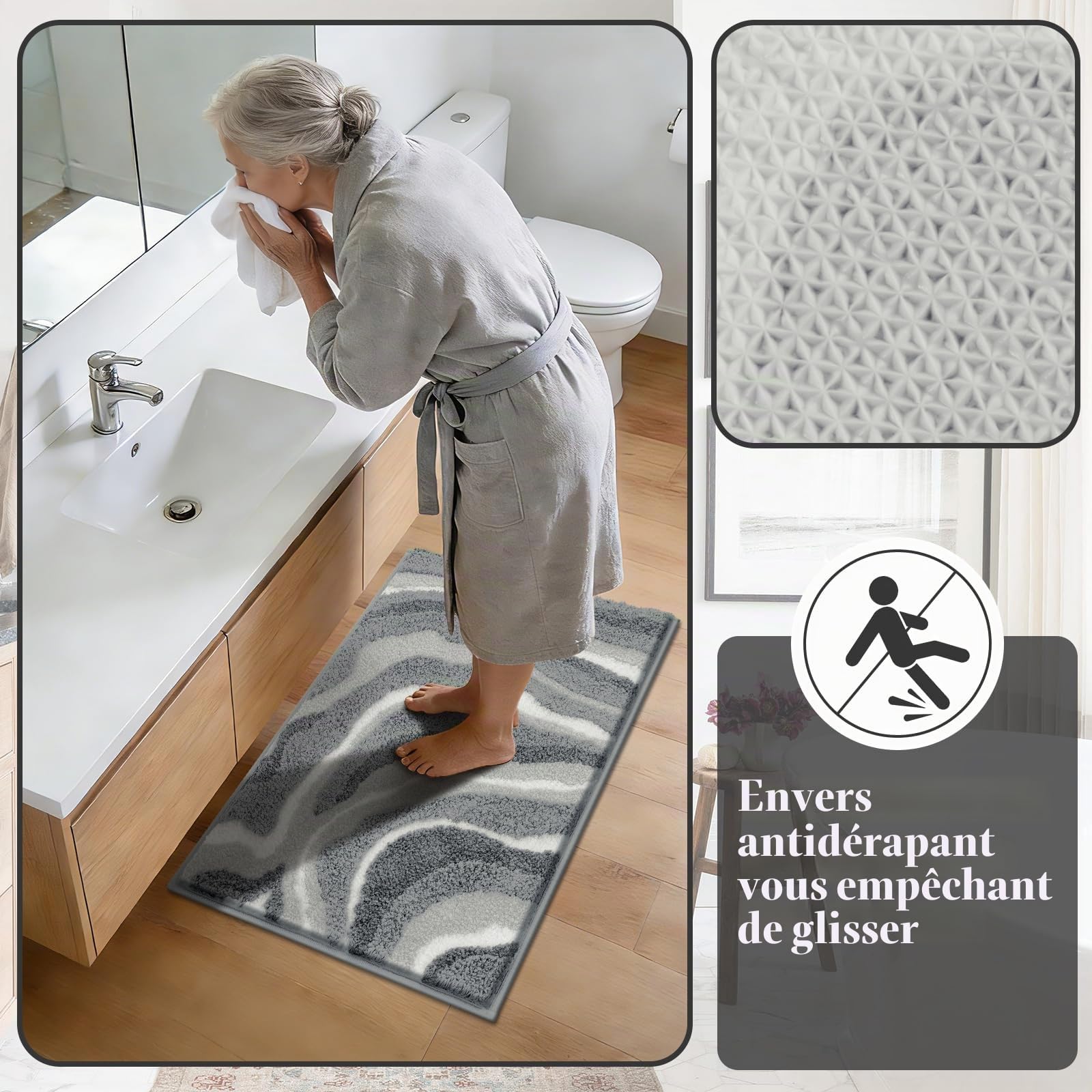 Enyhom Grande Tapis Salle de Bain Antidérapant 80 x 120 cm, Tapis de Salle de Bain Gris en Microfibre Super Absorbant, Extra Doux Epais et Lavable en Machine, Tapis Douche pour Baignoire, Salon