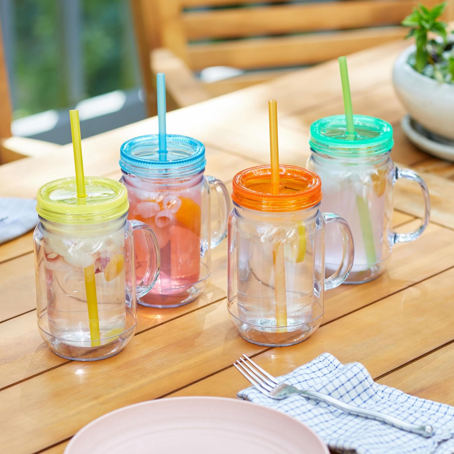 Plastic Mason Jars with Handles, Lids and Straws | 20 oz Double Insulated Tumbler with Straw | 4 Pack Set of 4 | Wide Mouth Mason Jar Mugs | Cups for Kids and Adults…