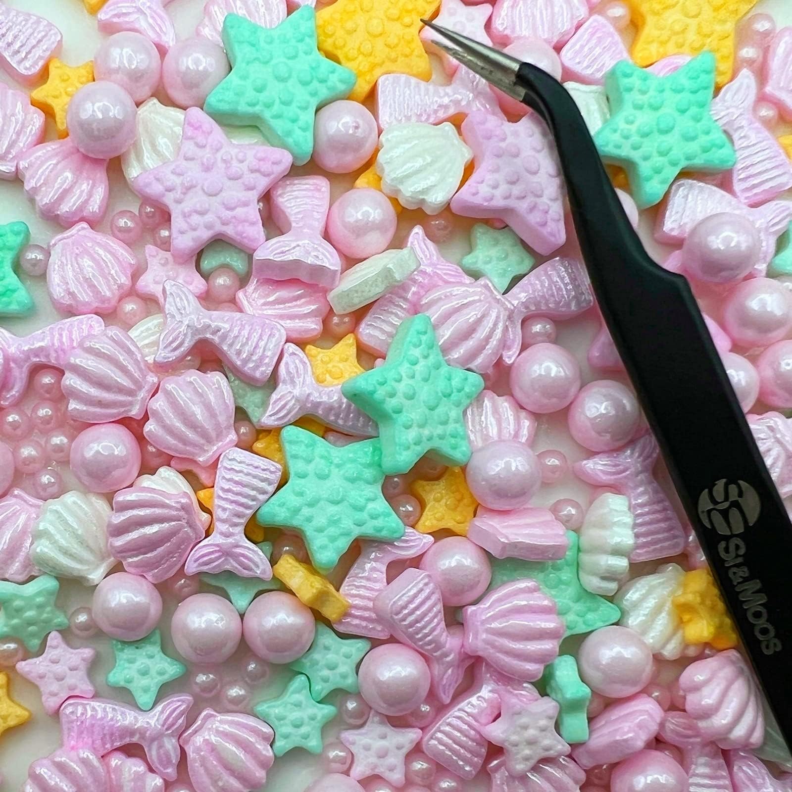 SE Si&Moos Edible Mermaid and Shell Sprinkles Mermaid Cupcake Toppers Mermaid Cake Decorations Beach Cake Decoration Pink Sprinkles Shower Party Birthday Holiday Supplies 3.5 OZ with Tweezers