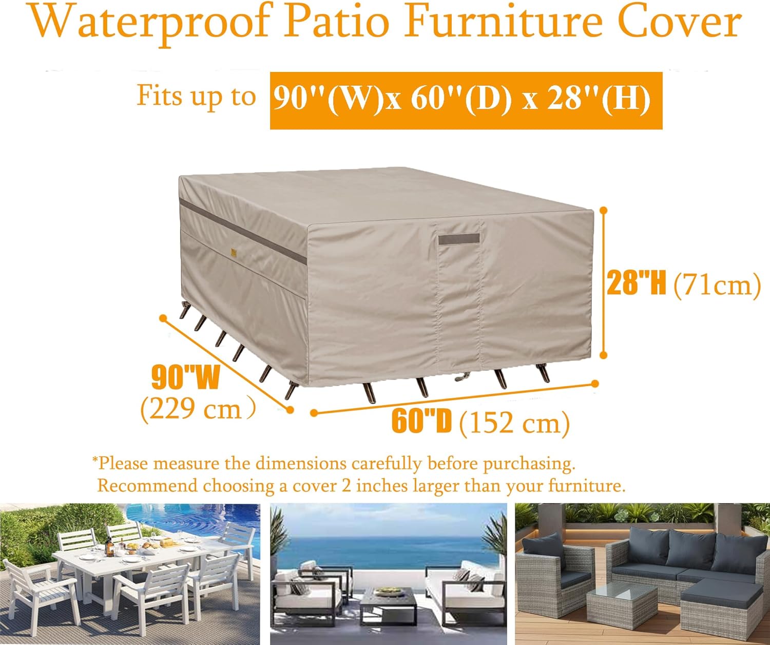 600D Heavy Duty Waterproof Patio Furniture Covers UV Resistant Rectangular Outdoor Table and Chair Covers 90" Wx 60" D x 28" H Beige