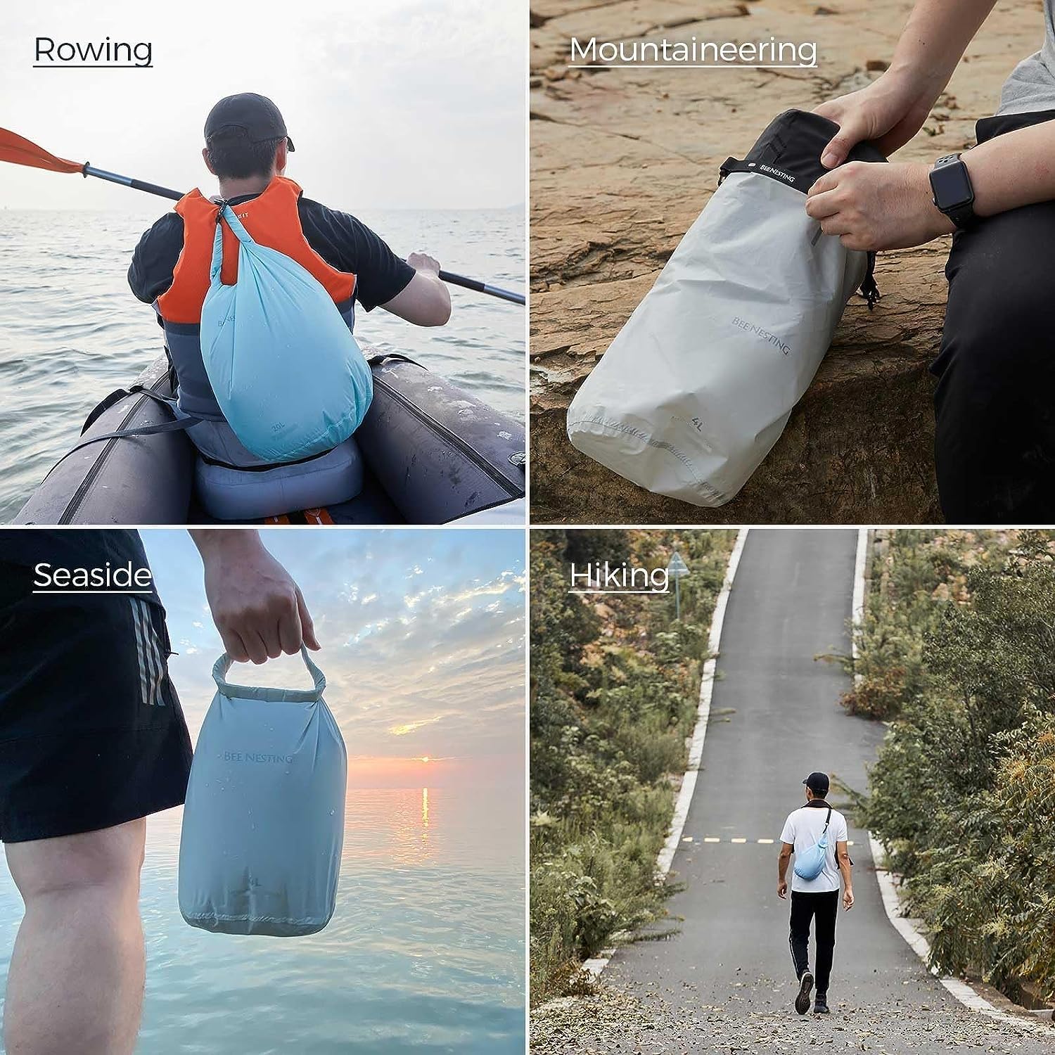 Bee Nesting Juego de Bolsas secas ultraligeras para mochileros, Saco seco Impermeable para Camping, Senderismo, Motocicleta, Juego de 3 Bolsas Ligeras, Gris, 2L 4L 8L Strap, 12 l y 20 l