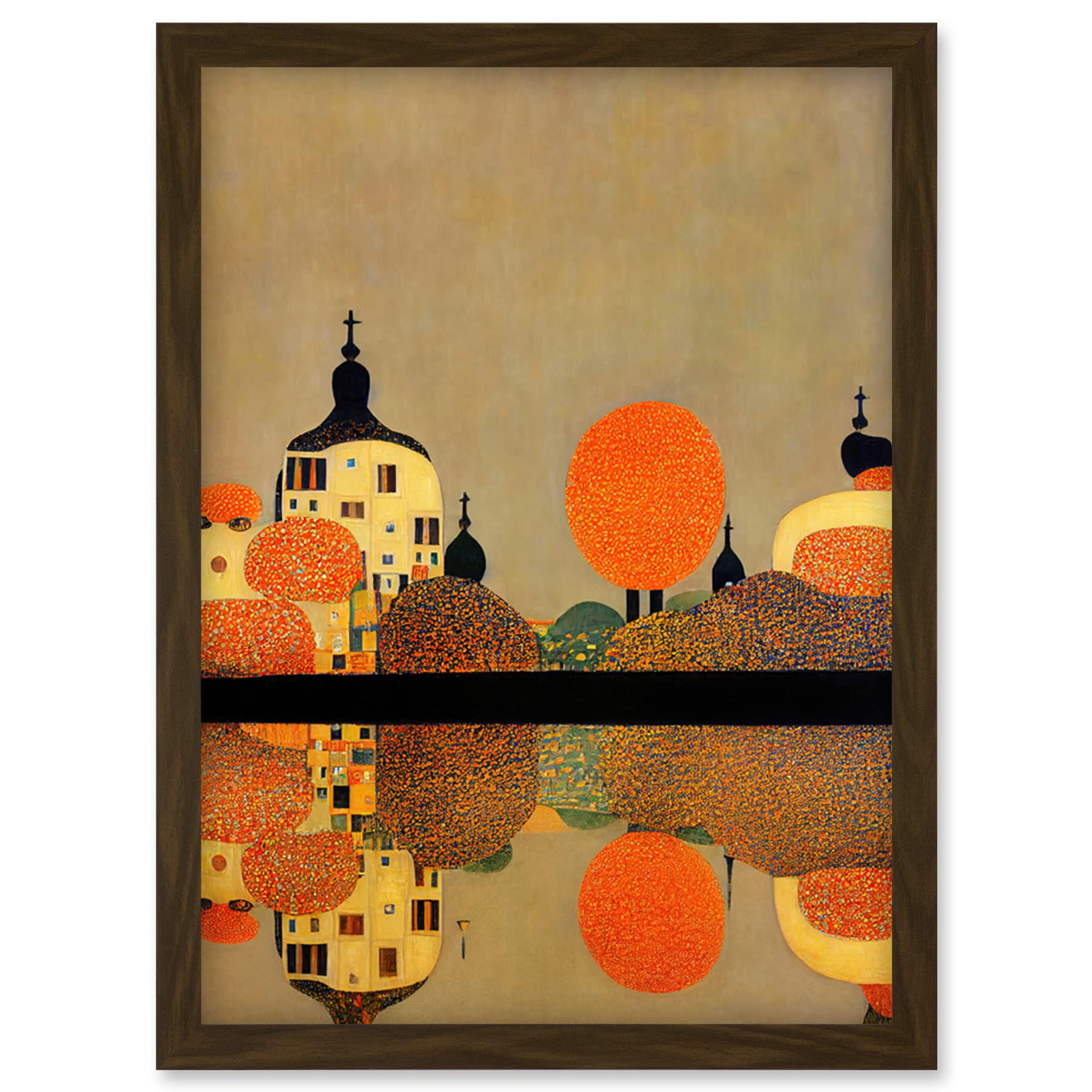Gustav Klimt Style Autumn Lakeside Church Framed Art Print A4