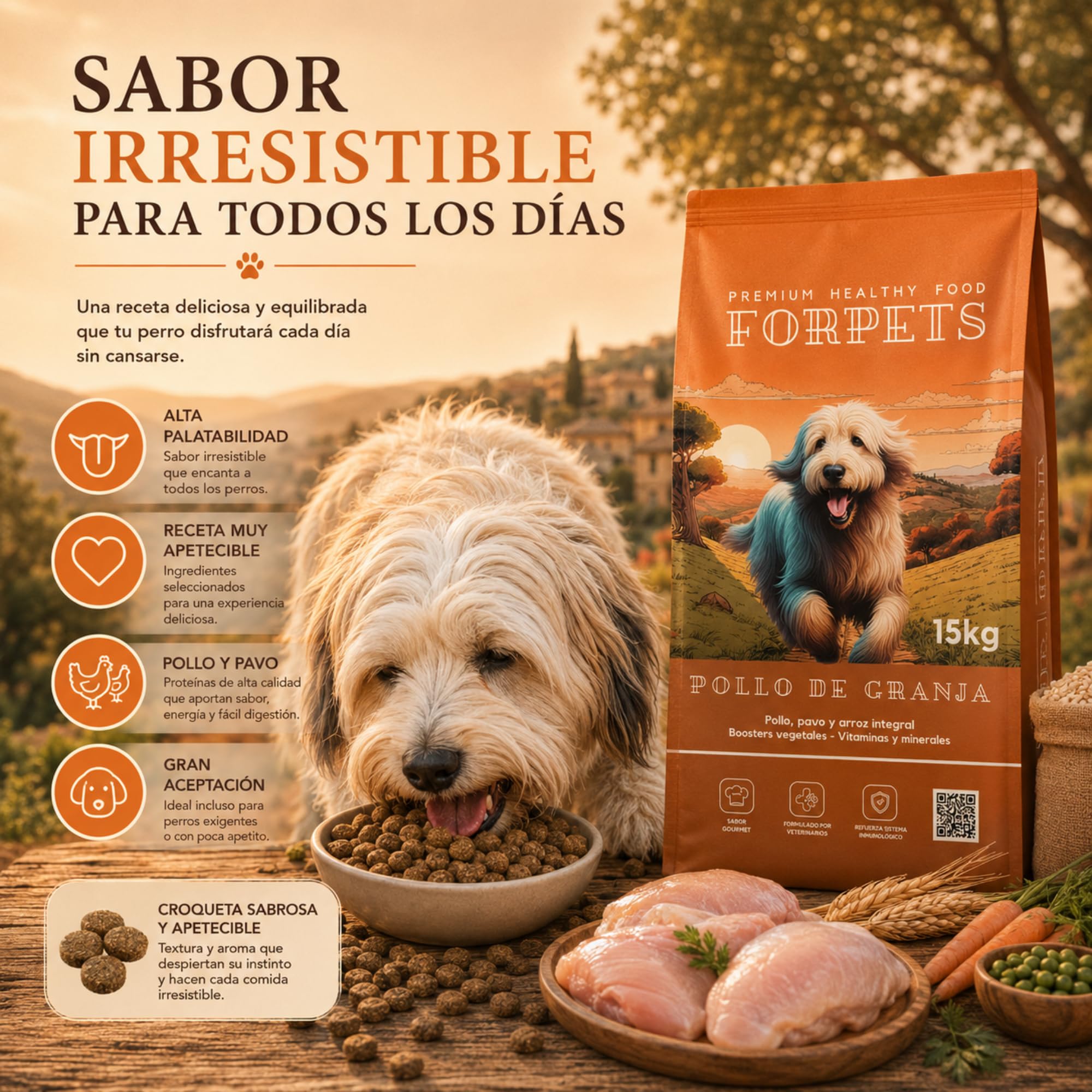 Pienso para Perros Adultos con Pollo y Pavo 15 kg | Digestión Sensible con Arroz Integral y Prebióticos | Sin Gluten, Alto en Proteína | Razas Medianas y Grandes | FORPETS