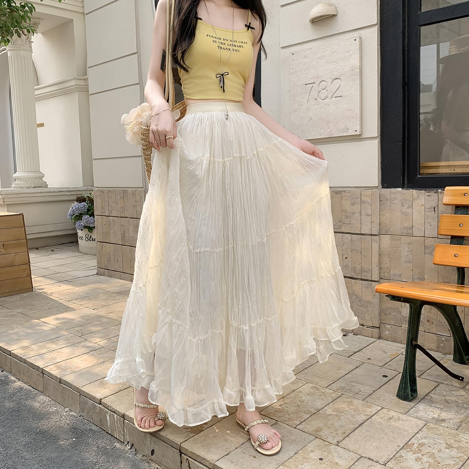 Gonna Lunga Carina Donna Vita Alta A Linea Fluida Pieghettato Vita Elastica Estate Boho Maxi Gonne Solida Colore Skirt