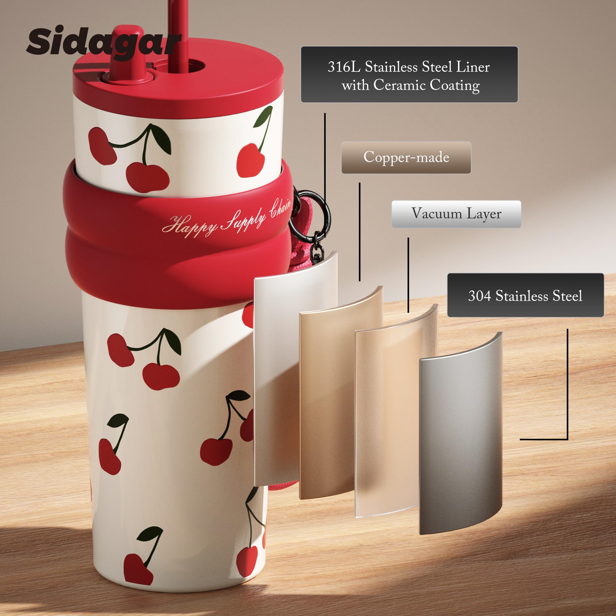 24 oz isolierter Becher mit Deckel und Strohhalm, Edelstahl wiederverwendbare auslaufsichere Wasserflasche, tragbare Reise-Kaffeetasse für heiß und kalt, Thermobecher für Frauen, Kirsche