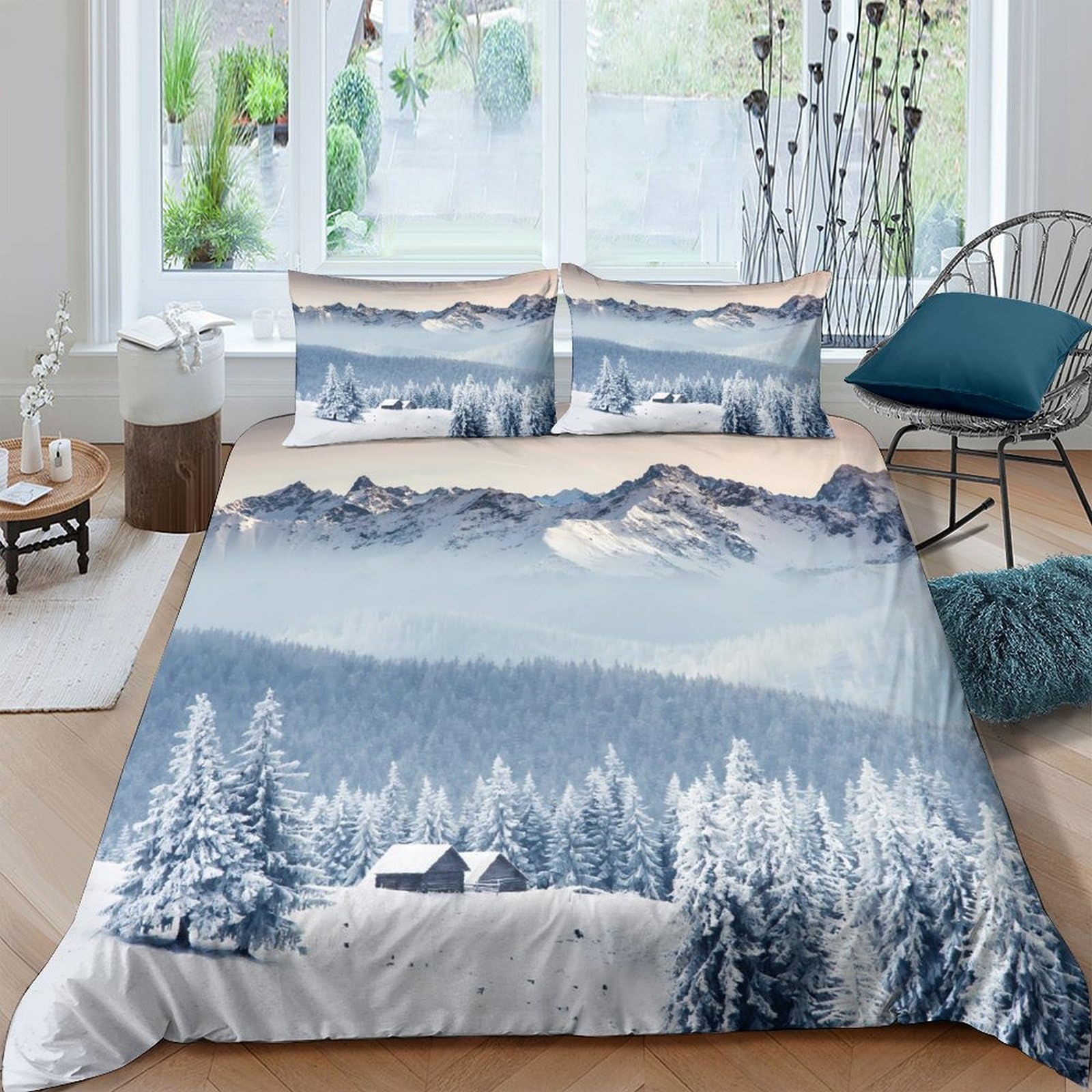 Ctjqhvkz Style-6 3D Printed Winter Mountain Fitted Sheet Microfiber Soft Breathable Snow Forest Bed Cover For Bedroom Dorm Decor Single（135X200cm）