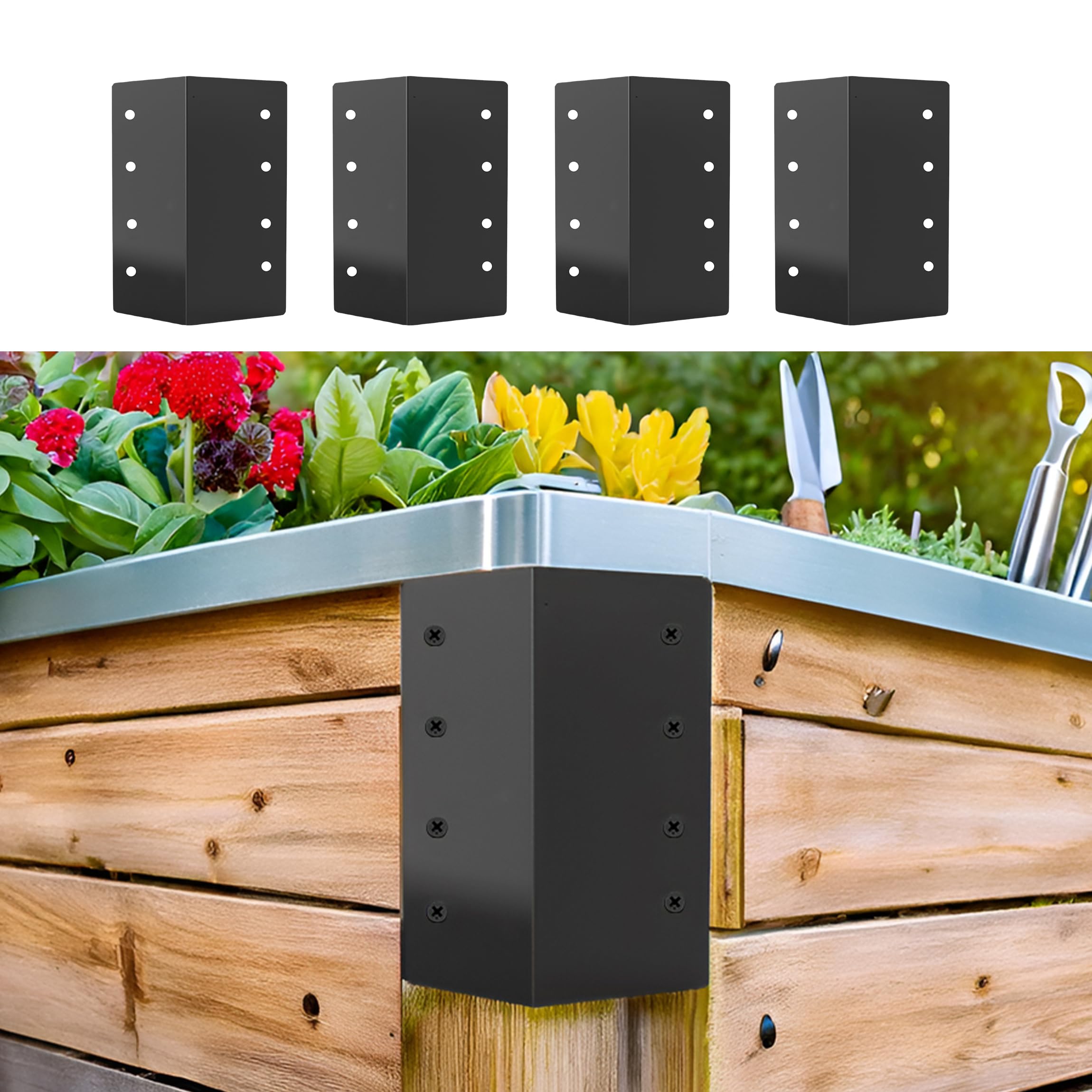 Metal Garden Bed Corner Brackets, 15 x 7.6 cm, Black, Set of 4, Rust Resistant Connectors for DIY Planter Box