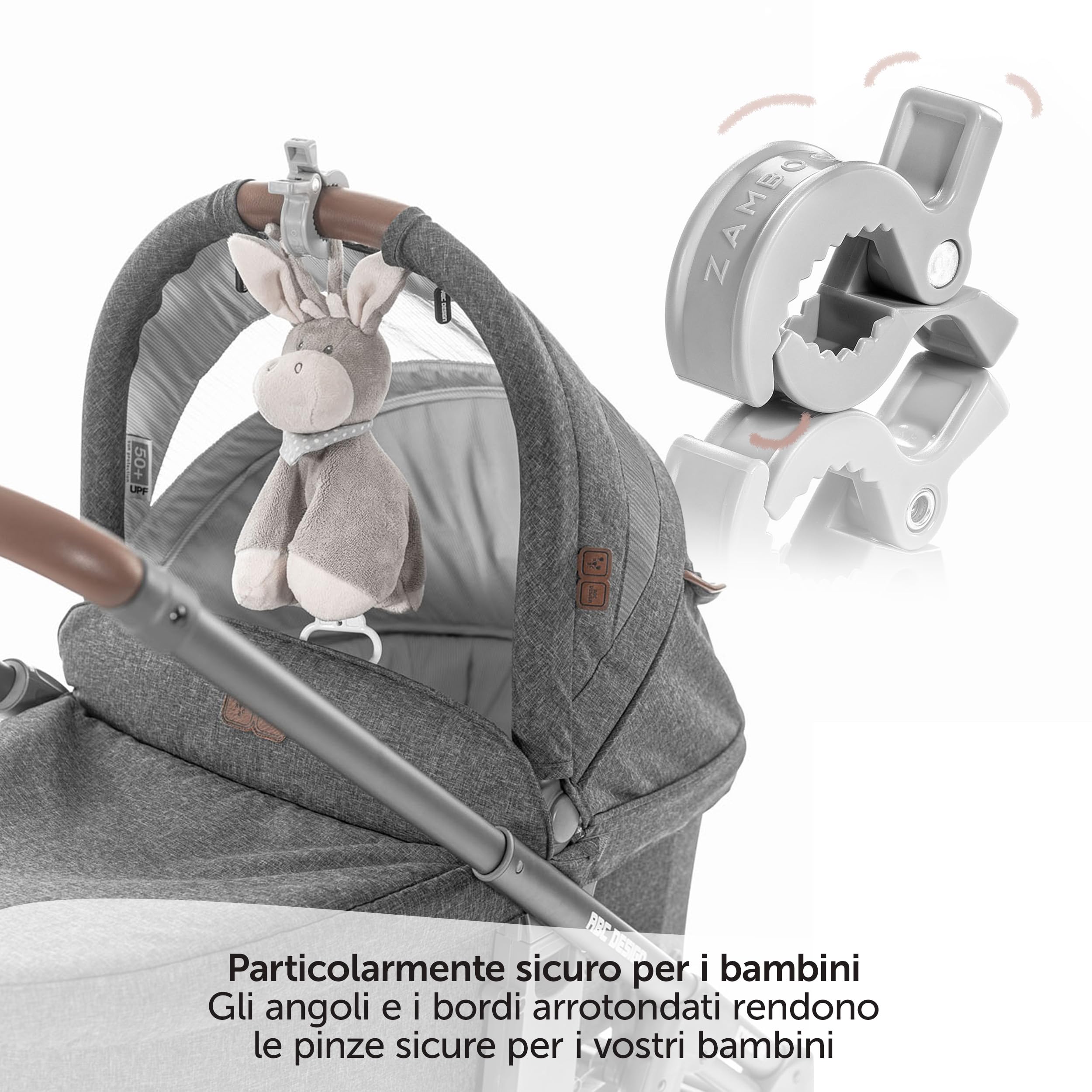Zamboo Set di Mollette Passeggino - Pacco da 6 Ganci Passeggino Universali per il Fissaggio Facile e Veloce di Accessori Passeggino - Bianco Grigio