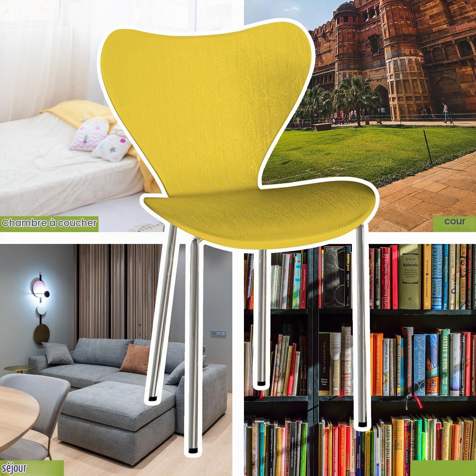 PIPIPOXER Lot de 4 chaises scandinaves, Salle à Manger ou Bureau avec Pieds en Métal, pour Cuisine, Salon, Salle de Réunion, Jardin, Jaune