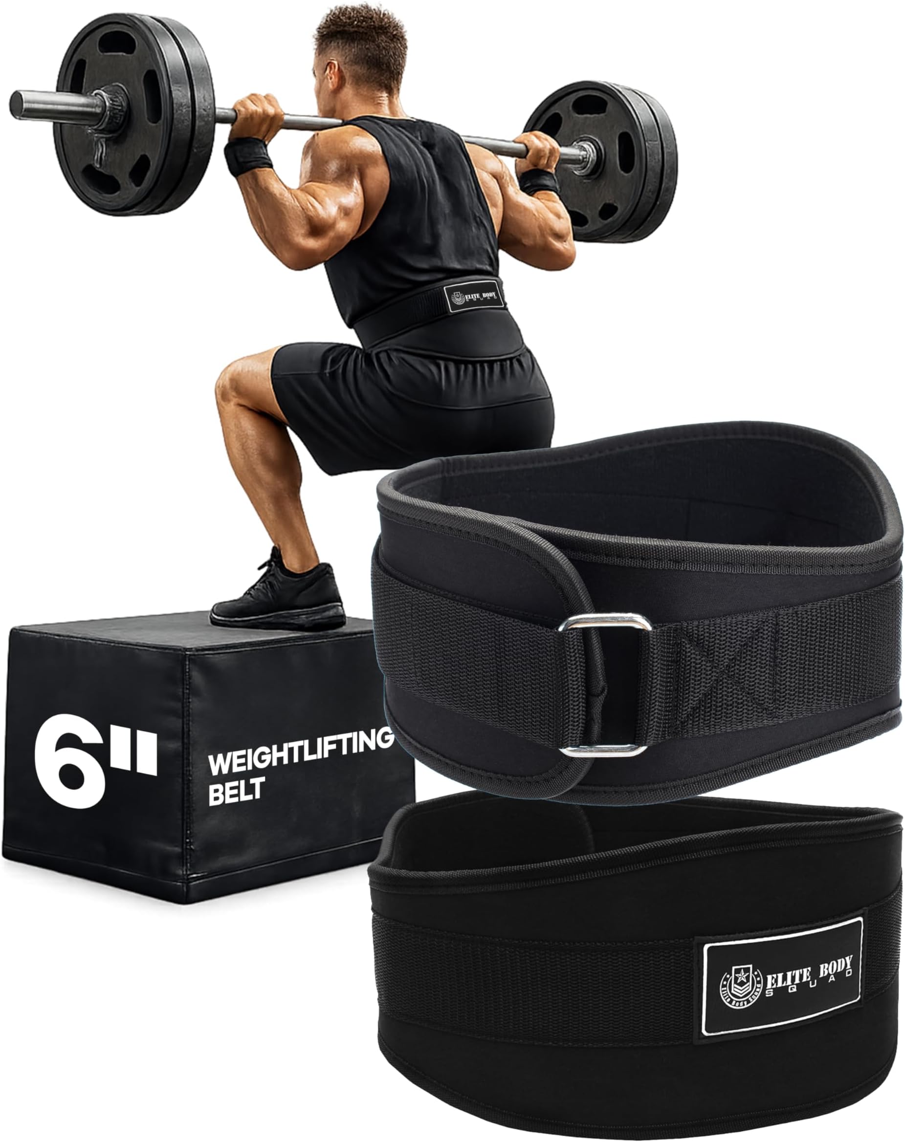 Weight Lifting Belt - Elite Body Squad Pro Quality Neoprene Back Support Belt With Speed Fit Fastener And Stainless Steel Hook And Loop Design - 6” Wide Soft Feel Padding