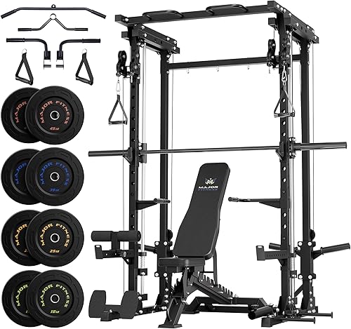 Miniatura 9 de MAJOR FITNESS Drone3 Smith Machine, 2500 libras todo en uno para gimnasio en casa con sistema de polea doble para cable cruzado, barras de dominadas
