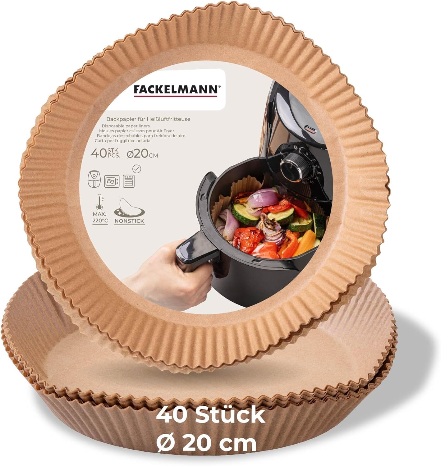 Fackelmann Hot Air Fryer Baking Paper - 20 x 20 cm Round, 40 Pieces, Oil and Waterproof Coated - Heat Resistant up to 220C, Microwave and Oven Safe