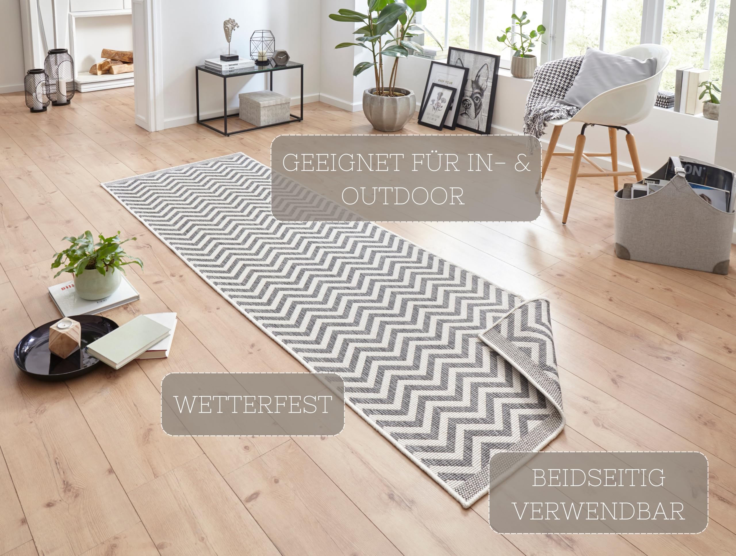 NORTHRUGS Alfombra para interior y exterior, 80 x 250 cm, reversible, resistente a la intemperie, diseño moderno en zigzag, para balcón, terraza, jardín, jardín de invierno, salón, resistente al agua,