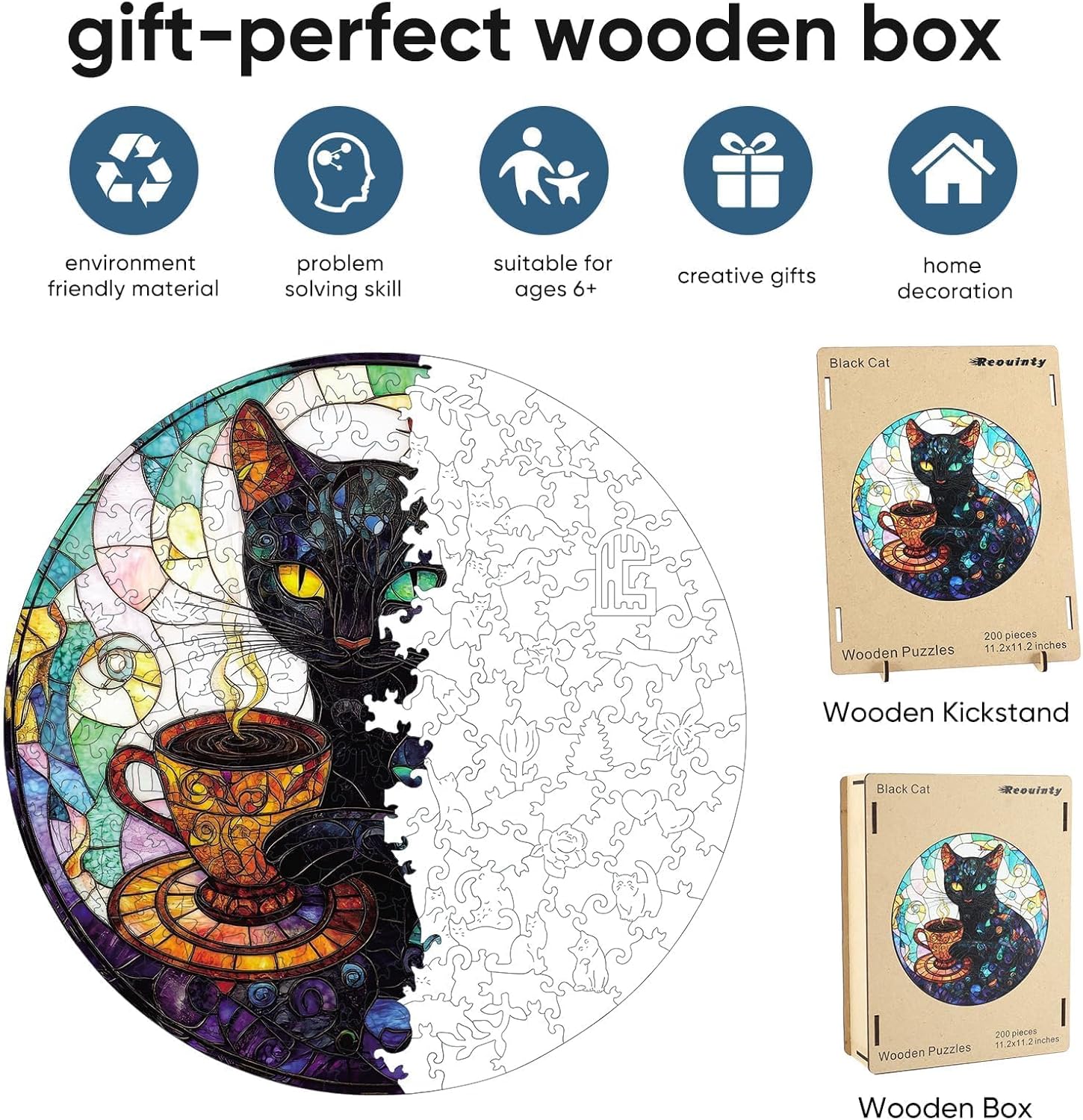 Reouinty Wooden Puzzles for Woman and Girl, Mother's Day Black Cat Jigsaw Puzzles 200 Pieces, Unique Animal Shape Wood Puzzle Piece, Beautiful Wall Decor, Creative Gift for Family Game 11.2x11.2 in