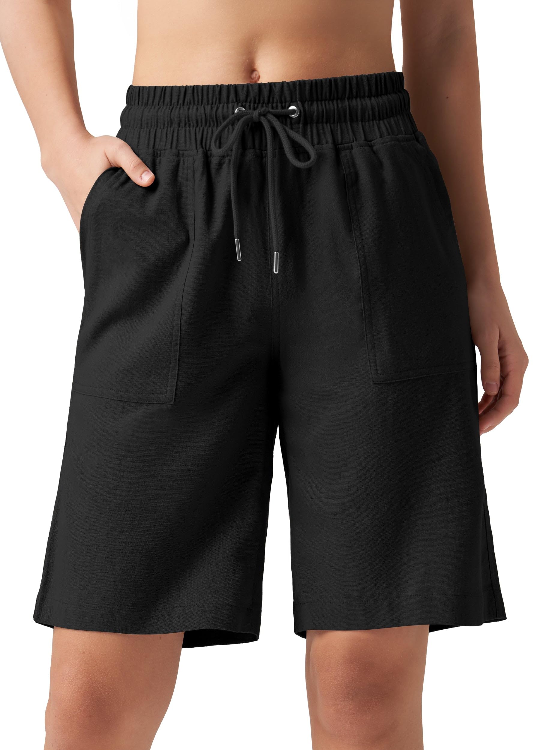 WILLIT Shorts Damen Leinen Shorts Freizeit Bermuda Kurze Hose knielange High Waist Bequeme Sommershorts mit Taschen 10“