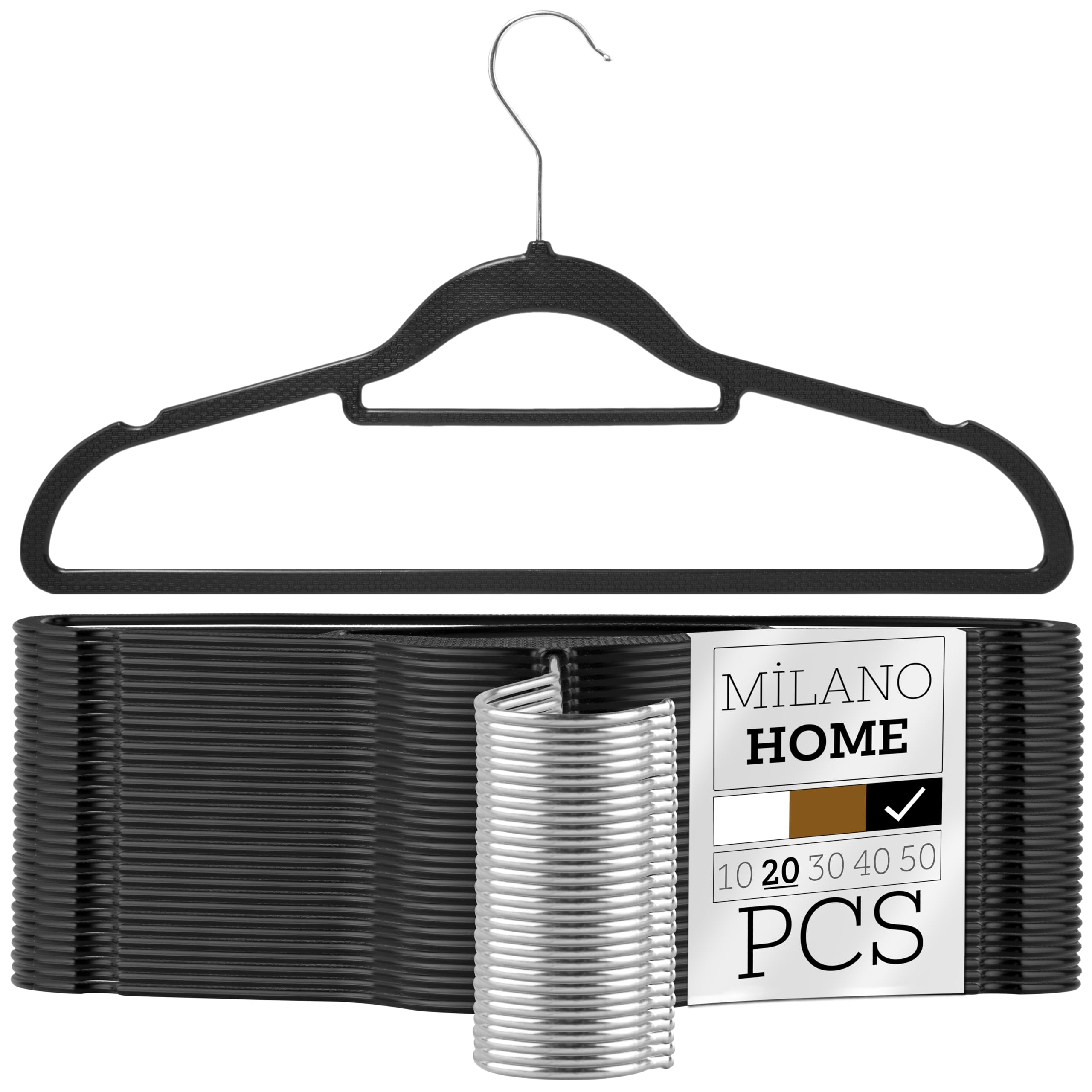 Perchas Ropa Negras de Plástico, Paquete de 20, Gancho Metálico Giratorio de 360°, Antideslizantes y Ahorro de Espacio, Flexibles y Resistentes para Camisas y Vestidos de Noche