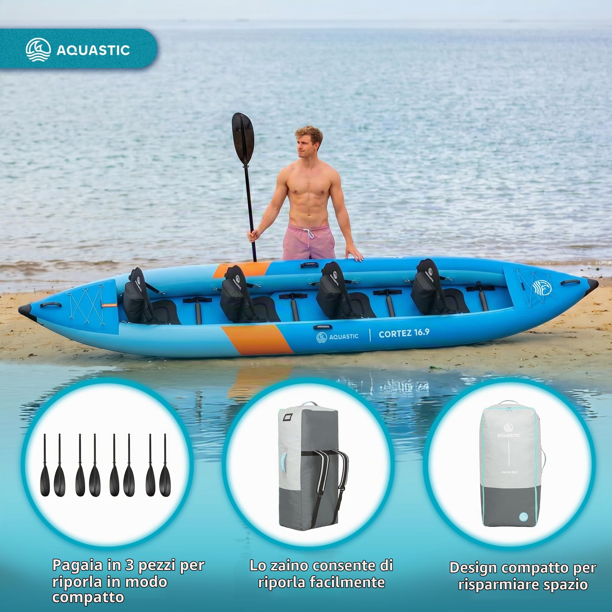 AQUASTIC Cortez 16'9 - Kayak ibrido gonfiabile per 4 persone, fino a 340 kg