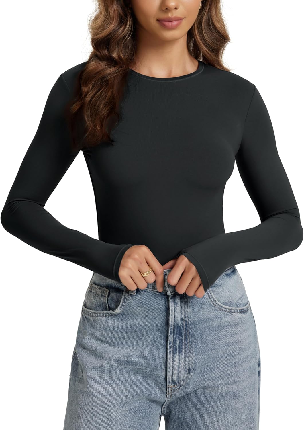 ODODOS Women's Double Layer Long Sleeve T-Shirts Ultra-Soft Lightweight Basic Tee Crew Neck Slim Fit Top