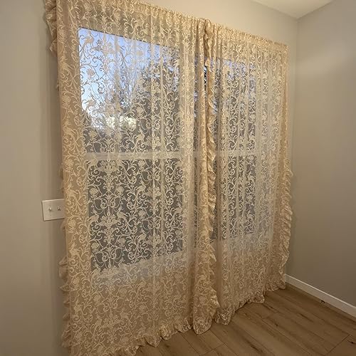 Miniatura 4 de Cortinas florales beige de 108 pulgadas de largo  Cortinas transparentes de encaje elegante para comedor, 60s 70s retro flor volantes privacidad