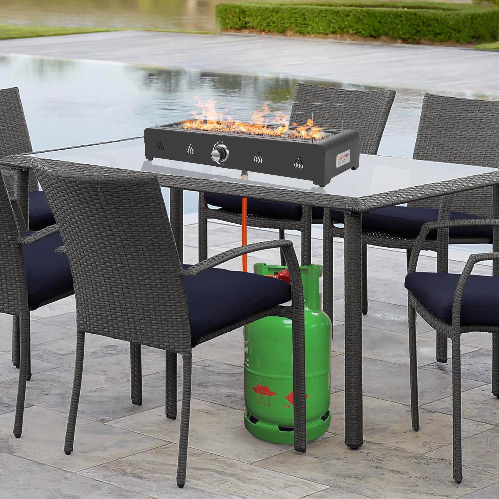 Onlyfire Braciere a gas rettangolare da tavolo, 6,5 kW, riscaldatore a gas per esterni con rocce laviche e protezione antivento in vetro, braciere a propano per patio, cortile ed esterni, montato sul