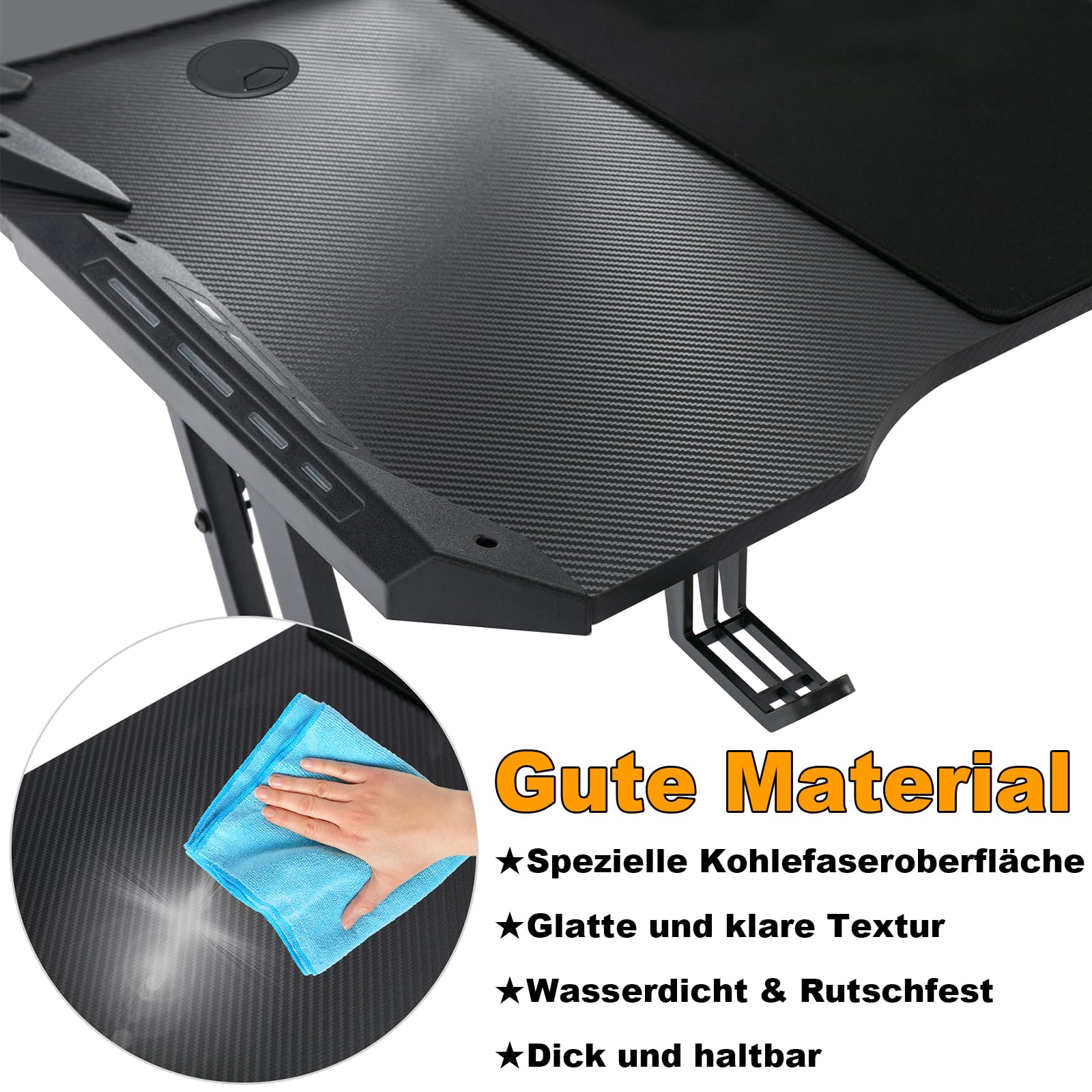 UISEBRT Tavolo da gioco con LED, 120 x 60 x 74 cm, scrivania da gioco a LED, con superficie in fibra di carbonio, ergonomico, fino a 150 kg, per camera da letto, ufficio