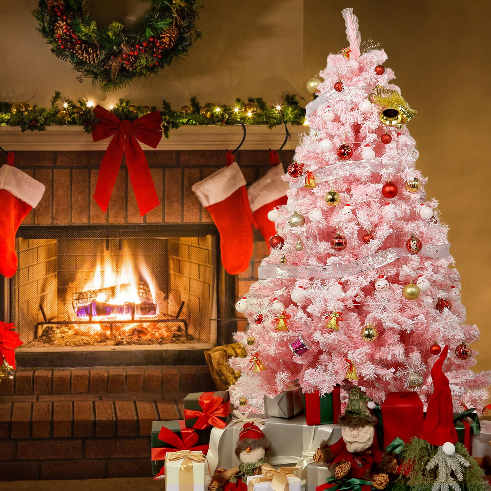 Sapin de Noel Artificiel 150 cm Rose avec Décoration Floquée Dodue avec Flocons de Neige, 600 Feuilles de Pin Pointues en PVC et Base Stable, Sapin de Noël pour Décorations de Noël