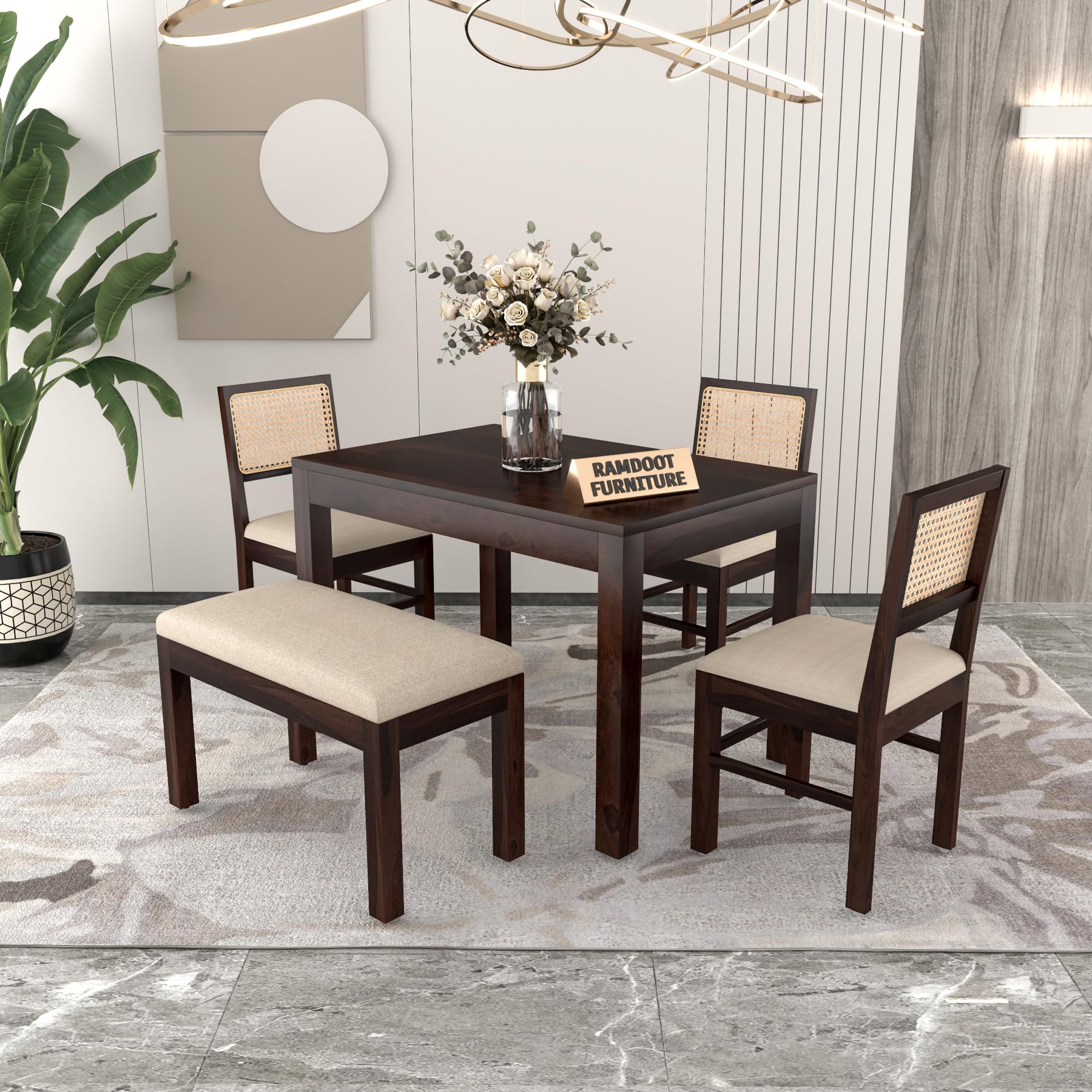 Ramdoot Furniture Solid Wood Cane 4 Seater Dining Table Set | Four Seater Dining Table with 3 Cushions Chairs & 1 Bench for Dining Room | 4 Seater Dining Set for Hotel Restaurant | Sheesham, C-Walnut