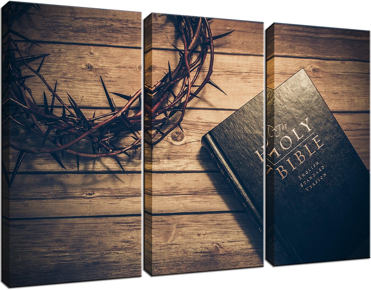 3 Panels The Christian Bible Painting and Crown of Thorns Posters Religion Pictures for Rustic Home Decor Gift Stretched and Framed Ready to Hang 16"x32"x3