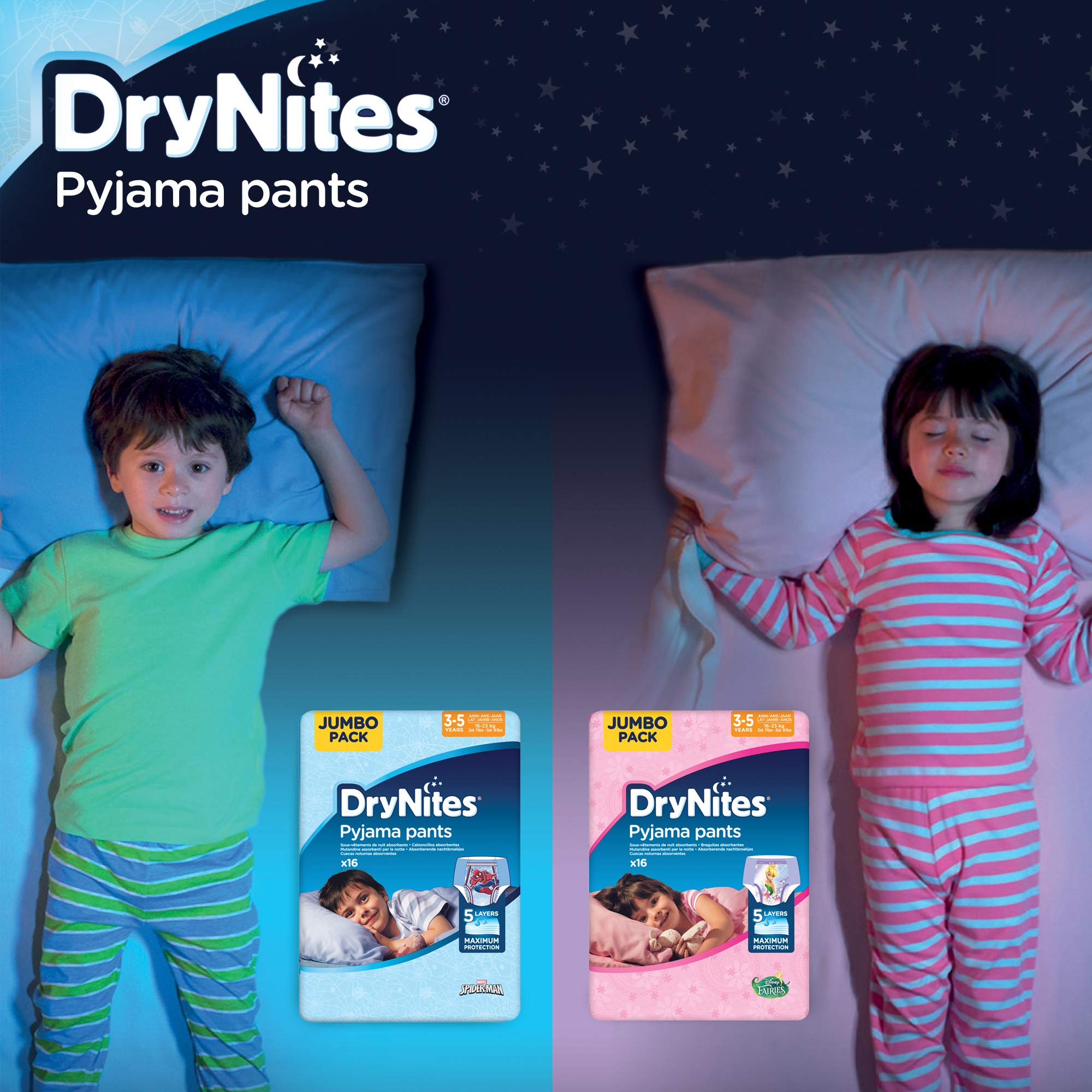 Huggies DryNites pieluchy nocne o wysokiej absorpcji, dla dziewczynek w wieku 3-5 lat, 4 x 16 sztuk (łącznie 64 sztuki), opakowanie miesięczne pieluchy