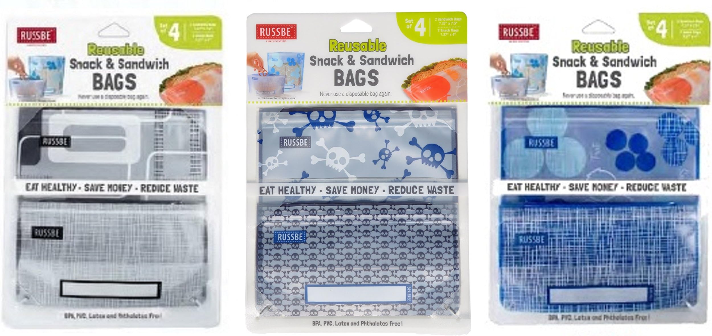 Pirate Linen Blueberry 3 PACK 12 Total Reusable Lunch Snack Sandwich Zip Lock Bags for Adults Men Women Kids Boys Girls Teens