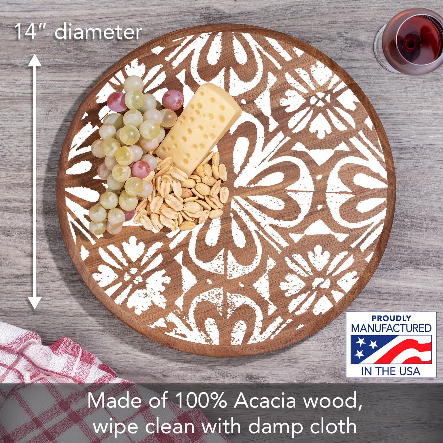 CounterArt White Tile Medallion Round Acacia Wood Lazy Susan Turntable 14