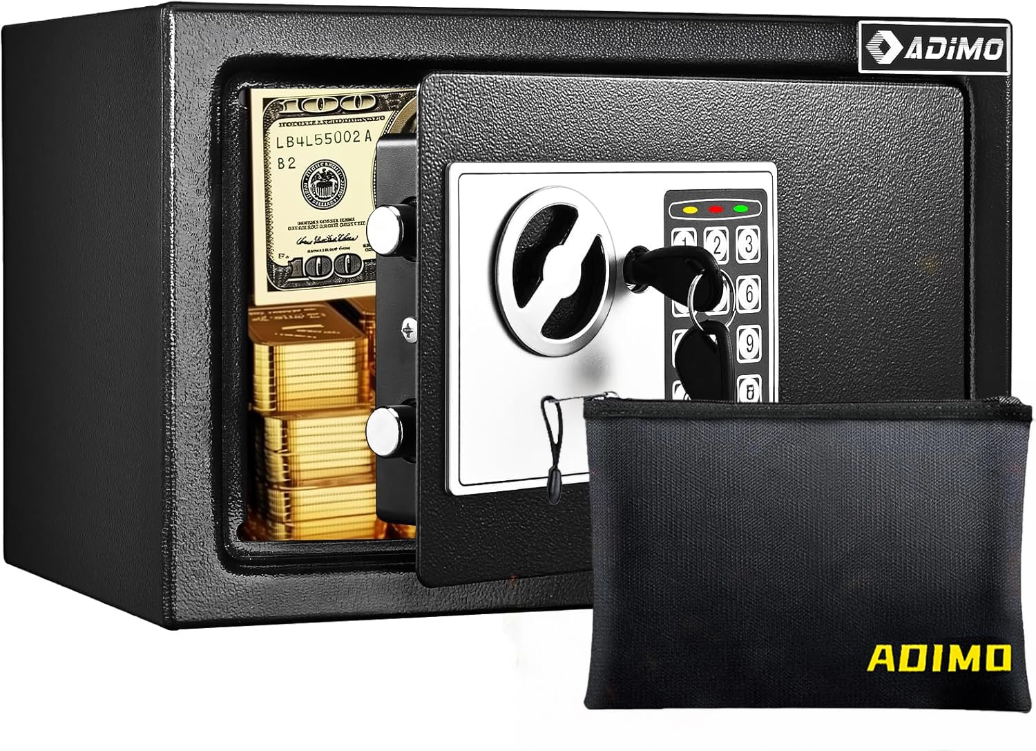ADIMO Safe Box for College Dorm Room with Fireproof Waterproof Bag, Money Safe with Keys & Pass Code & Wall Mount Kits, Hidden Home Safe for Money, Jewelry, and Documents-0.5 Cubic Feet