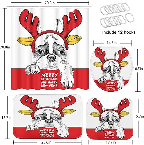 Miniatura 6 de Juegos de baño de bulldog francés de Navidad con cortina de ducha y alfombras y accesorios, juegos de cortinas de ducha de otoño con cuernos de Papá