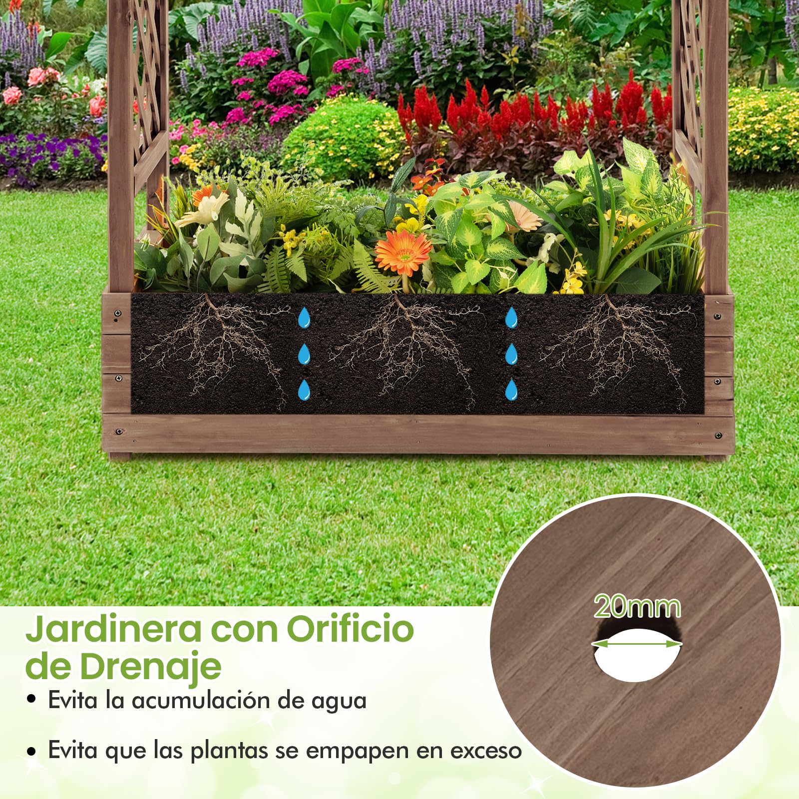 GOPLUS Jardinera Enrejada de Madera, Cama Elevada de Jardín con Orificios de Drenaje para Plantas Trepadoras, Flores, Verduras, Huerto Urbano Vertical para Exterior Patio Terraza (Marrón)