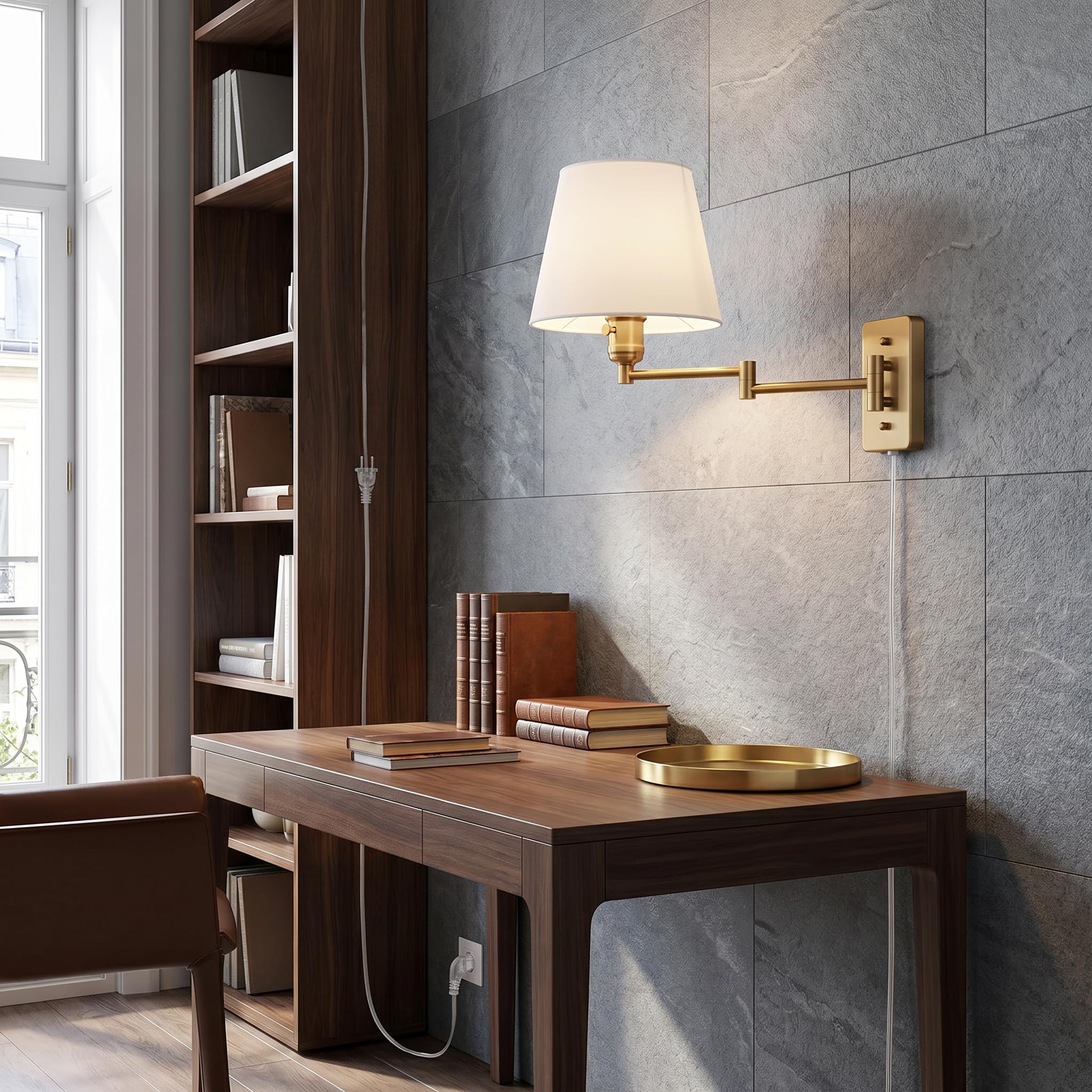 B·LED BARCELONA LED BarcelonaLED Gelenkarm Wandleuchte Modern Nordic Gold mit Stecker Kabel und Schalter Stoffschirm Weiß E27 Stecker zum Lesen Schlafzimmer Nachttisch Hotel