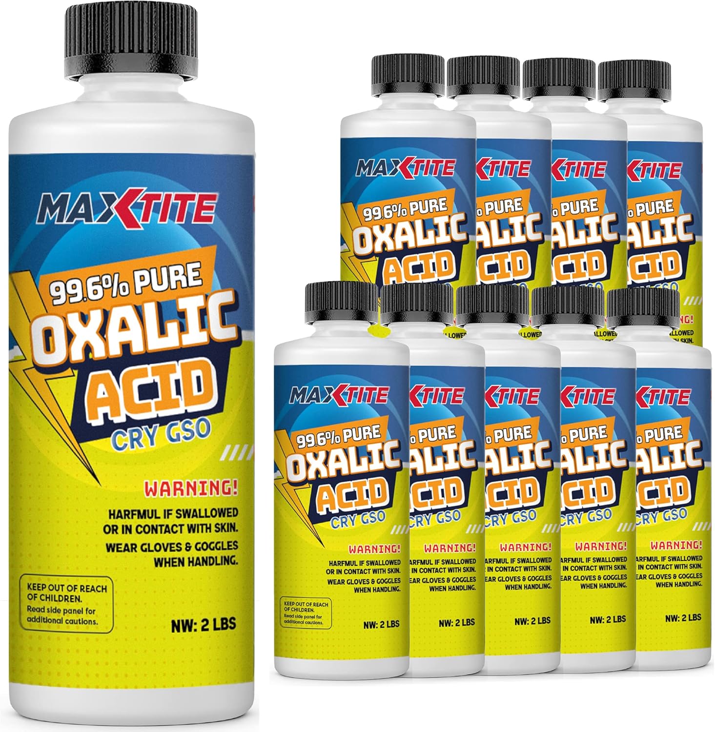 MAXTITE Oxalic Acid (10 Pack, 20lbs total) 99.6% Pure - Metal & Wood Cleaning and Bleaching, Rust Removal (C2H2O4) - HDPE container w/Resealable Child Resistant Cap