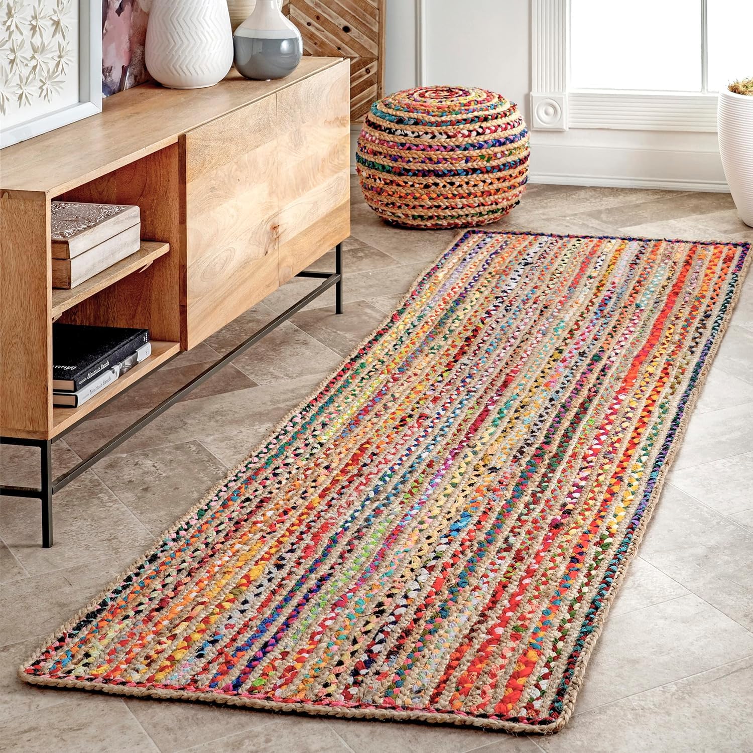 Hand Braided Woven Jute Area Rug Bohemian Style Natural Fiber Rug Eco Friendly Durable Briad Rug Ideal for Kitchen, Dining Room, Entryway, Jute Multi Cotton (2'6" x 14' Runner / 75 cm x 420 cm)