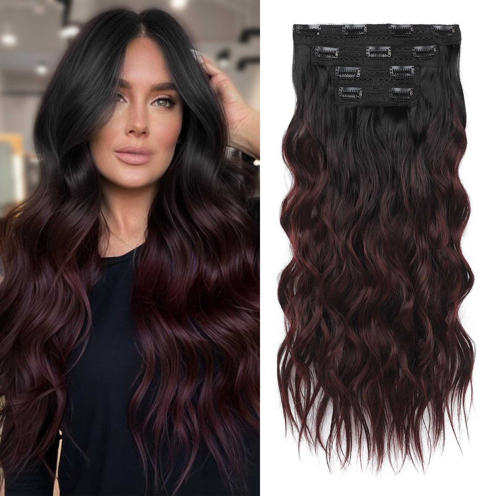 Photo 1 of REECHO Clip In Hair Extensions, 4PCS 24 Inch Thick Long Beach Waves Hair Extensions HE003 Invisible Lace Weft Natural Soft Hairpieces for Women (Black to Burgundy Ombre)