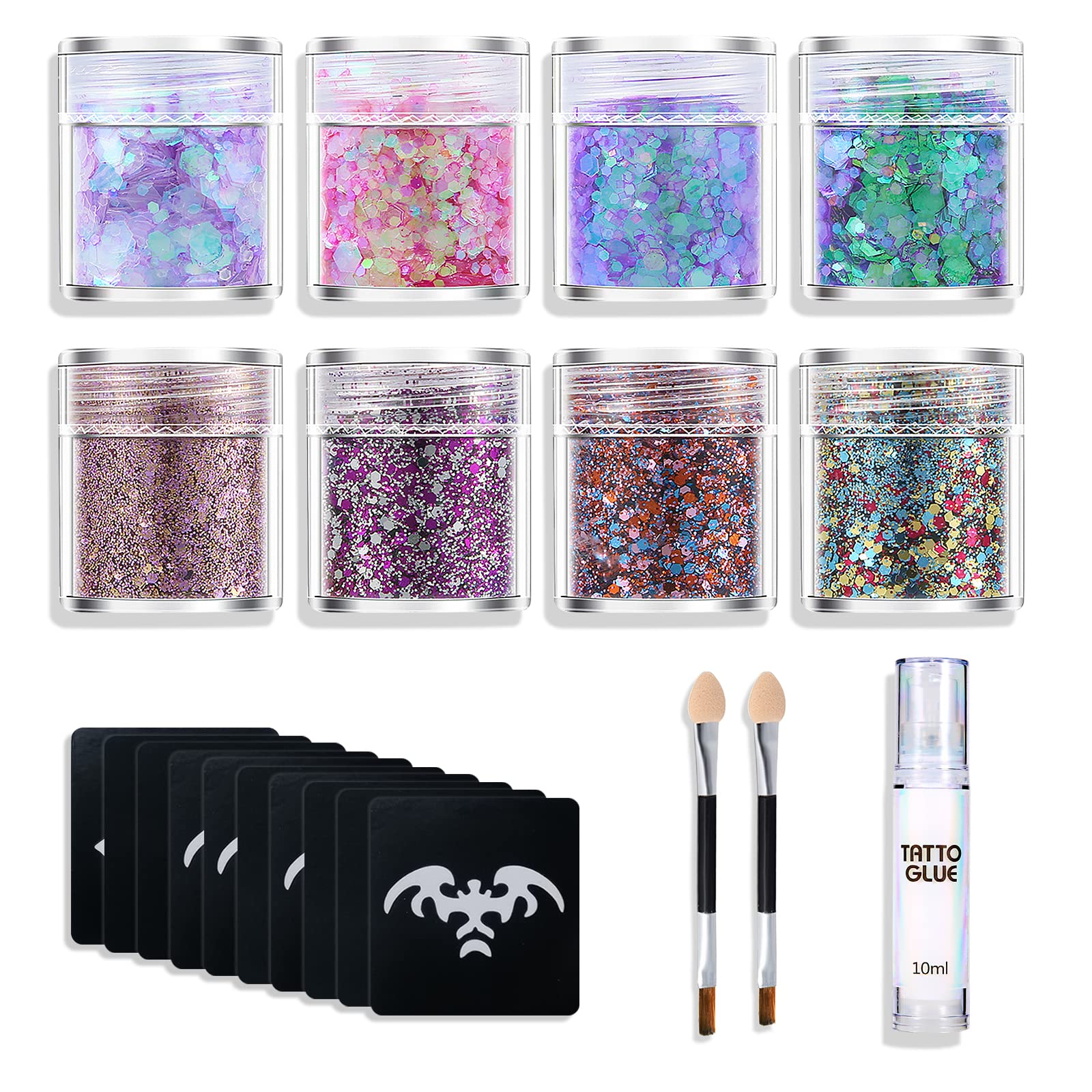 KYDA 8 Colors Face Body Glitter Chunky with Glue , Holographic Cosmetic Festival Glitter for Body Face Hair with Tatto Gel Set