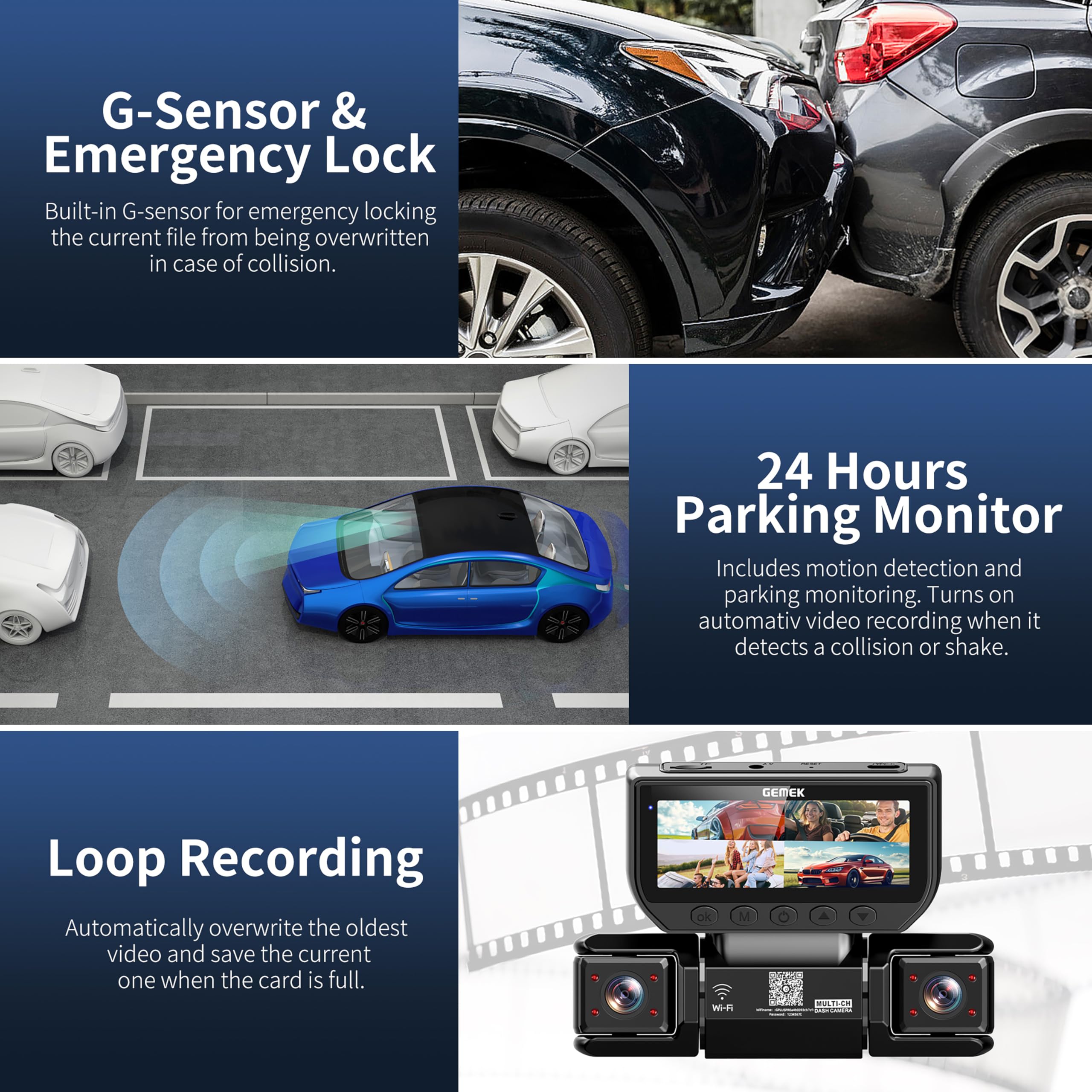 Videocamera da cruscotto a 360 gradi a 4 canali con WiFi 5G e controllo tramite app, GEMEK 2K anteriore e posteriore, videocamera da cruscotto sinistra e destra per auto, scheda TF da 64 GB in omaggio