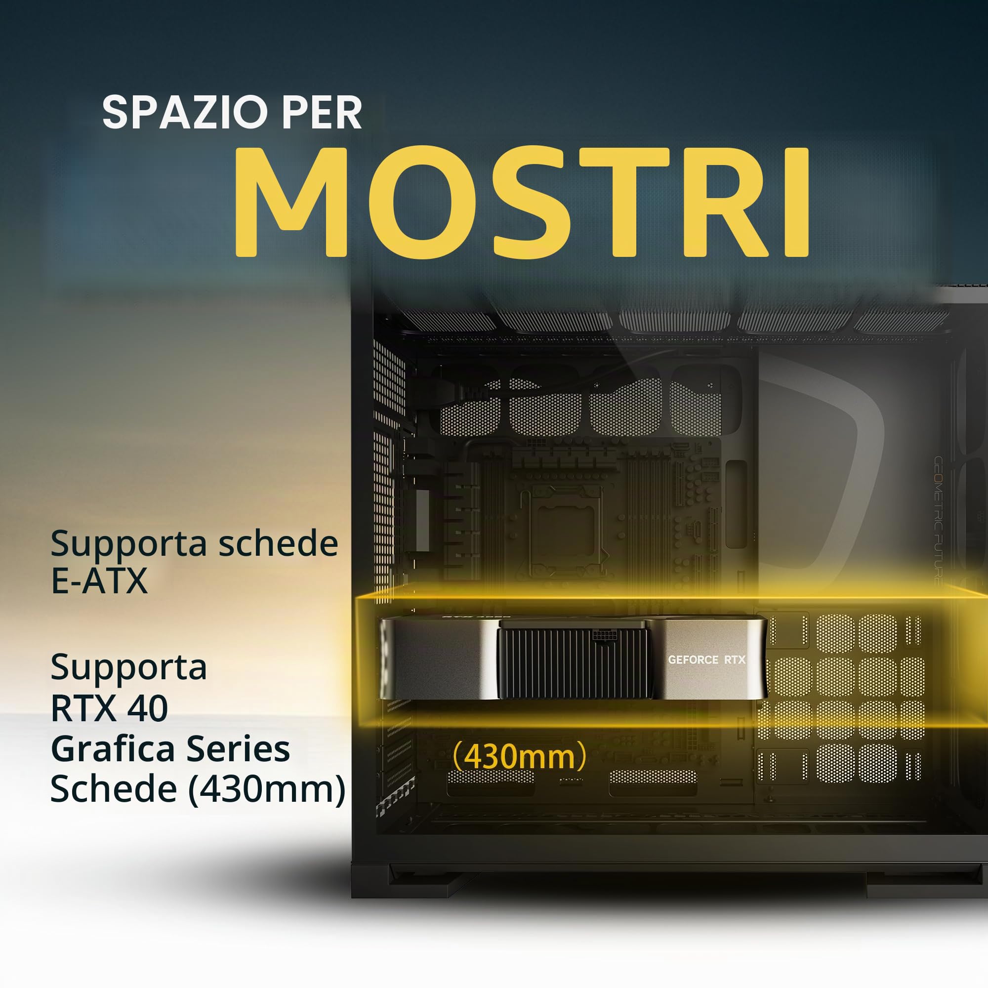Geometric Future M5 - Case per computer a mezzatorre con pannello frontale in rete a nido d'ape e vetro temperato, E-ATX/ATX per gaming, alto flusso d'aria, in acciaio da 1,2 mm, Tipo C, supporto per