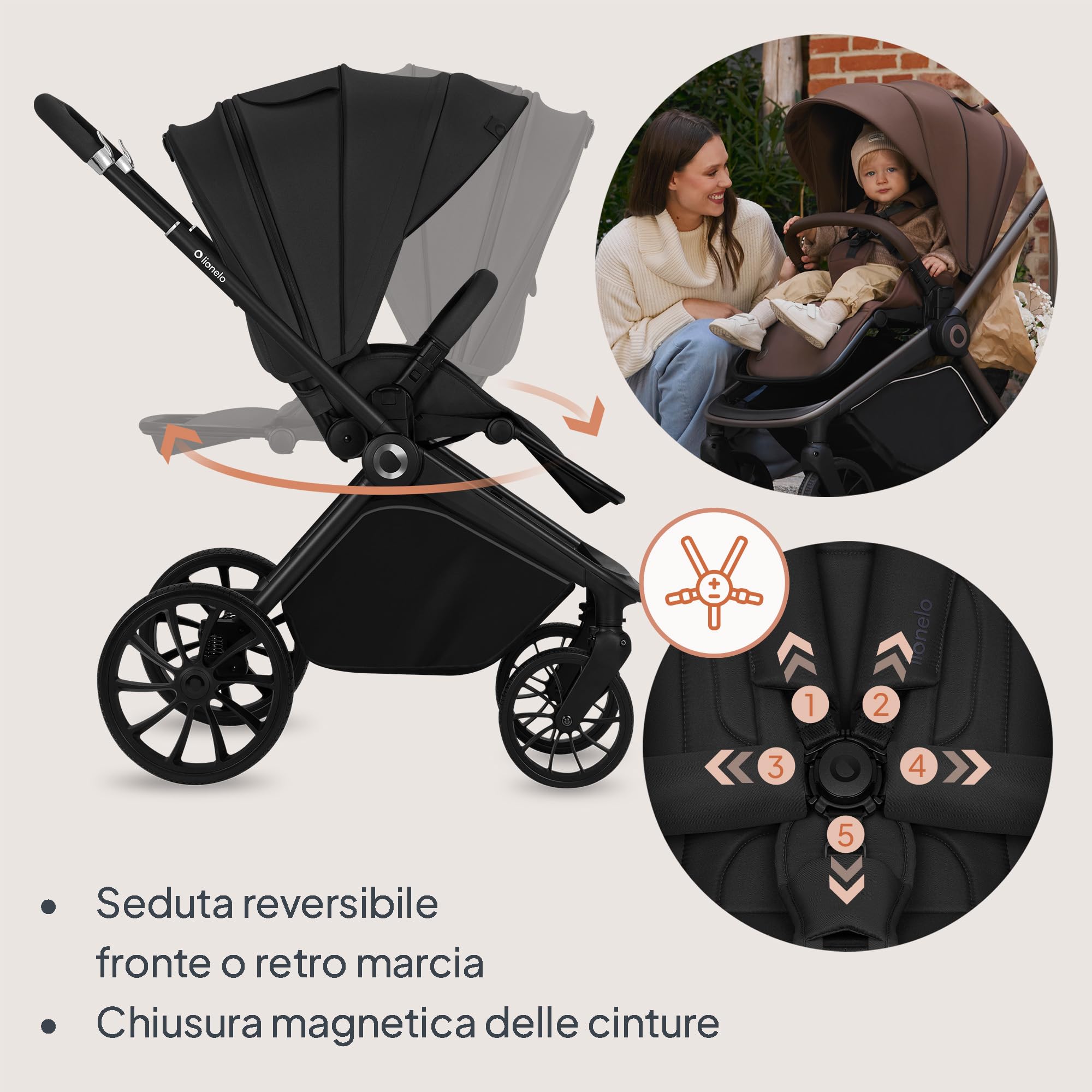LIONELO Mika Plus Passeggino 2 in 1 con Navicella per Bambini 0-48 Mesi | Fino a 22 kg, Navicella fino a 9 kg, Schienale e Poggiapiedi Regolabili, AiryDots, Ruote PU 360° e Cappottina XXL