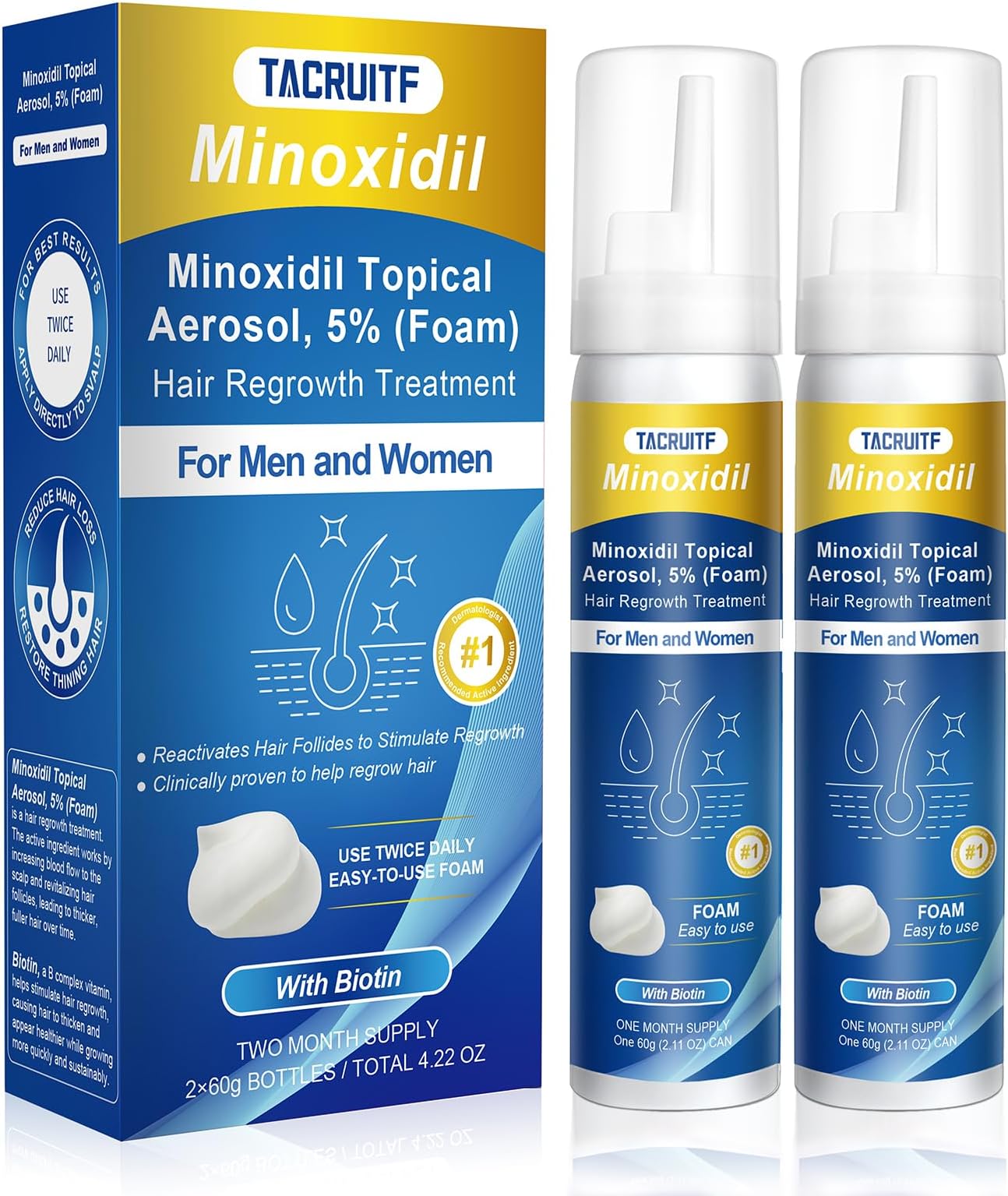 - Minoxidil Foam, 5% Topical Minoxidil for Men and Women, Infused with Biotin, Hair Growth Treatment, Supports Thicker and Fuller Hair & Beard, Upgraded version (Minoxidil Foam 4.22Oz, 2-Month Supply)