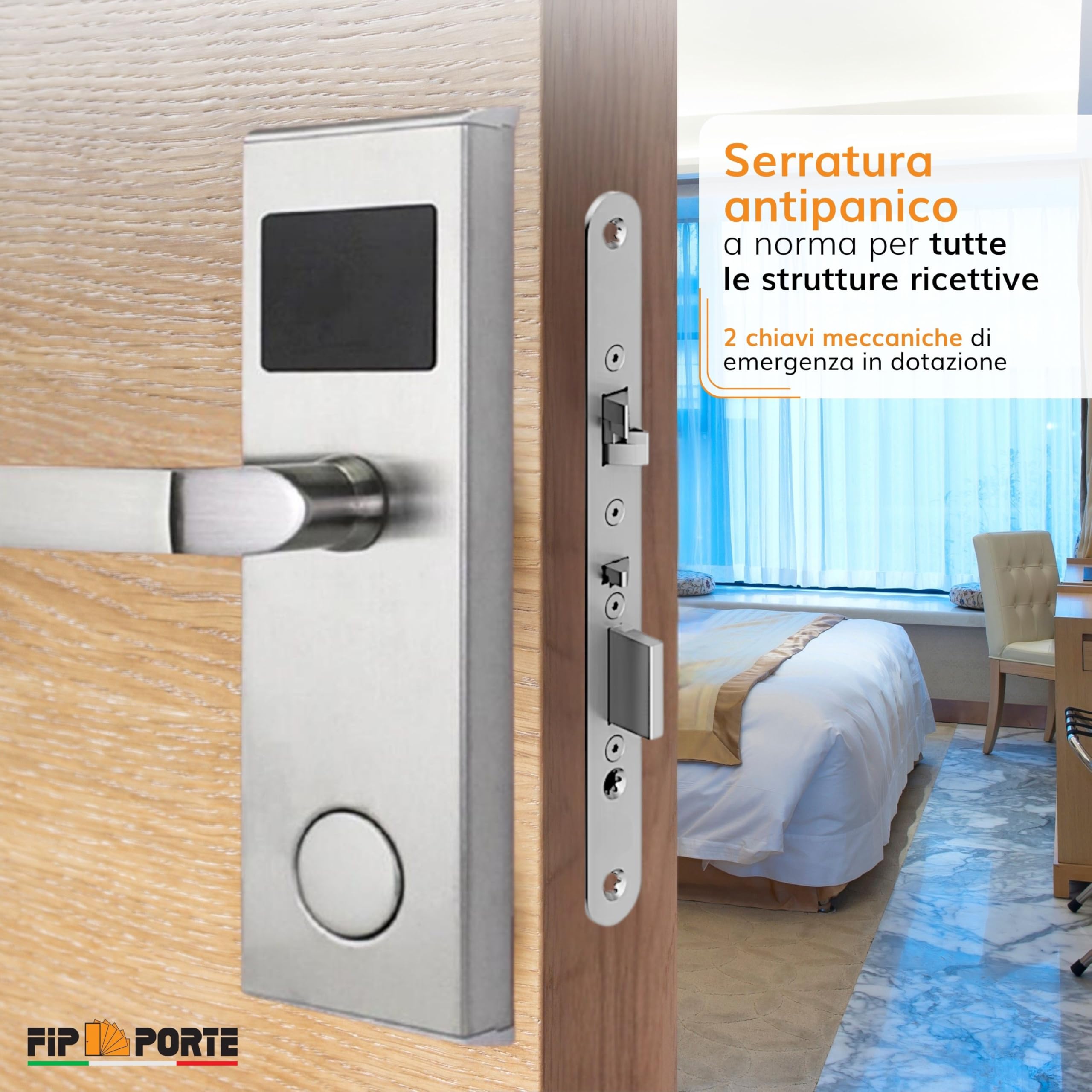 Porte Italiane, Maniglia Elettronica Lettore RFID Serratura Antipanico per Apertura Porte Controllo Accessi Camere Hotel, Alberghi, B&B e Case Vacanza, Tasca Energy Saver e 4 Card RFID, Spinta DX