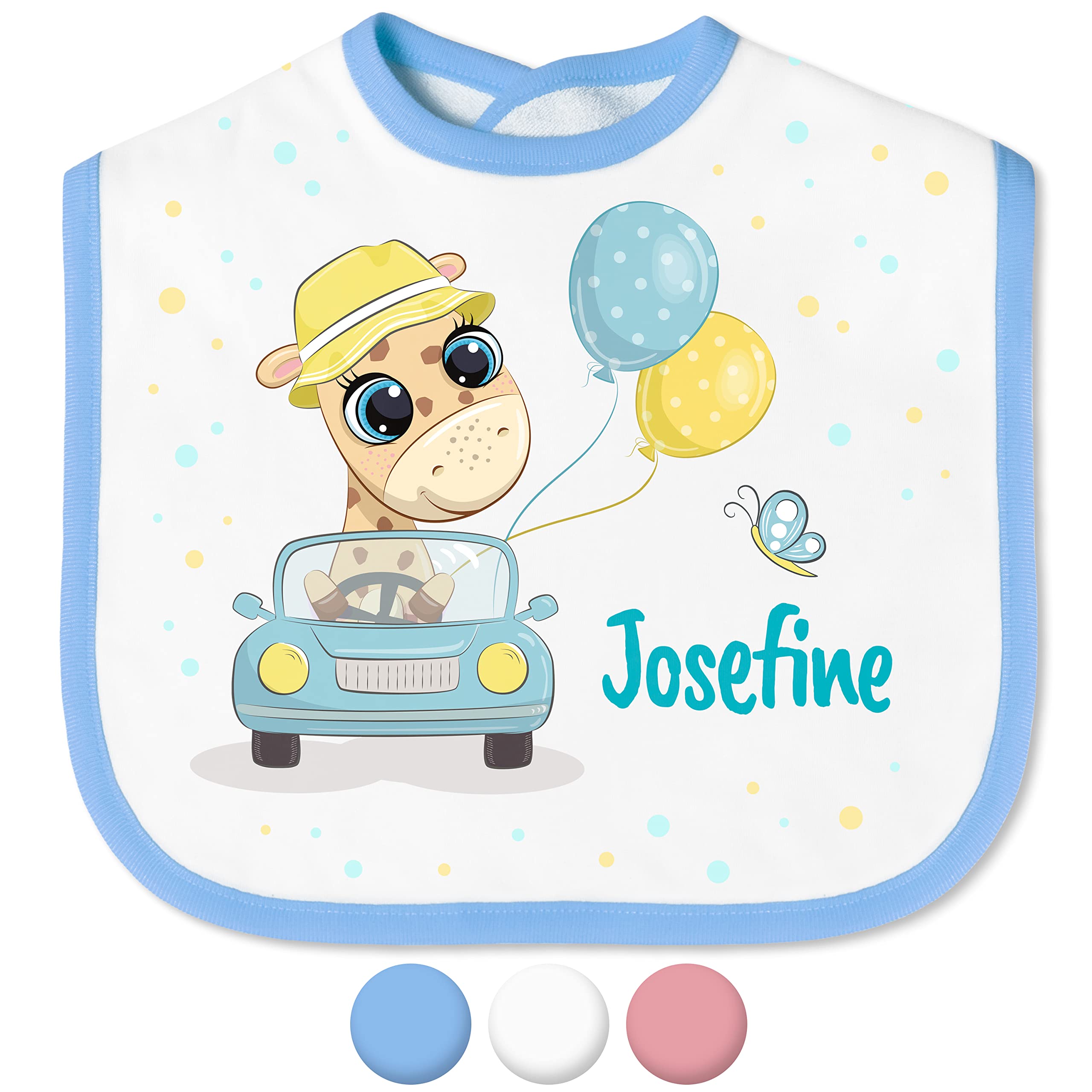 Babylätzchen mit Namen für Mädchen & Jungen – Lätzchen für Baby & Kleinkind personalisiert - mit Klettverschluss – Spucktuch Latz Kinderlätzchen - Geschenk für Kleinkinder (Giraffe, Auto, Blau)