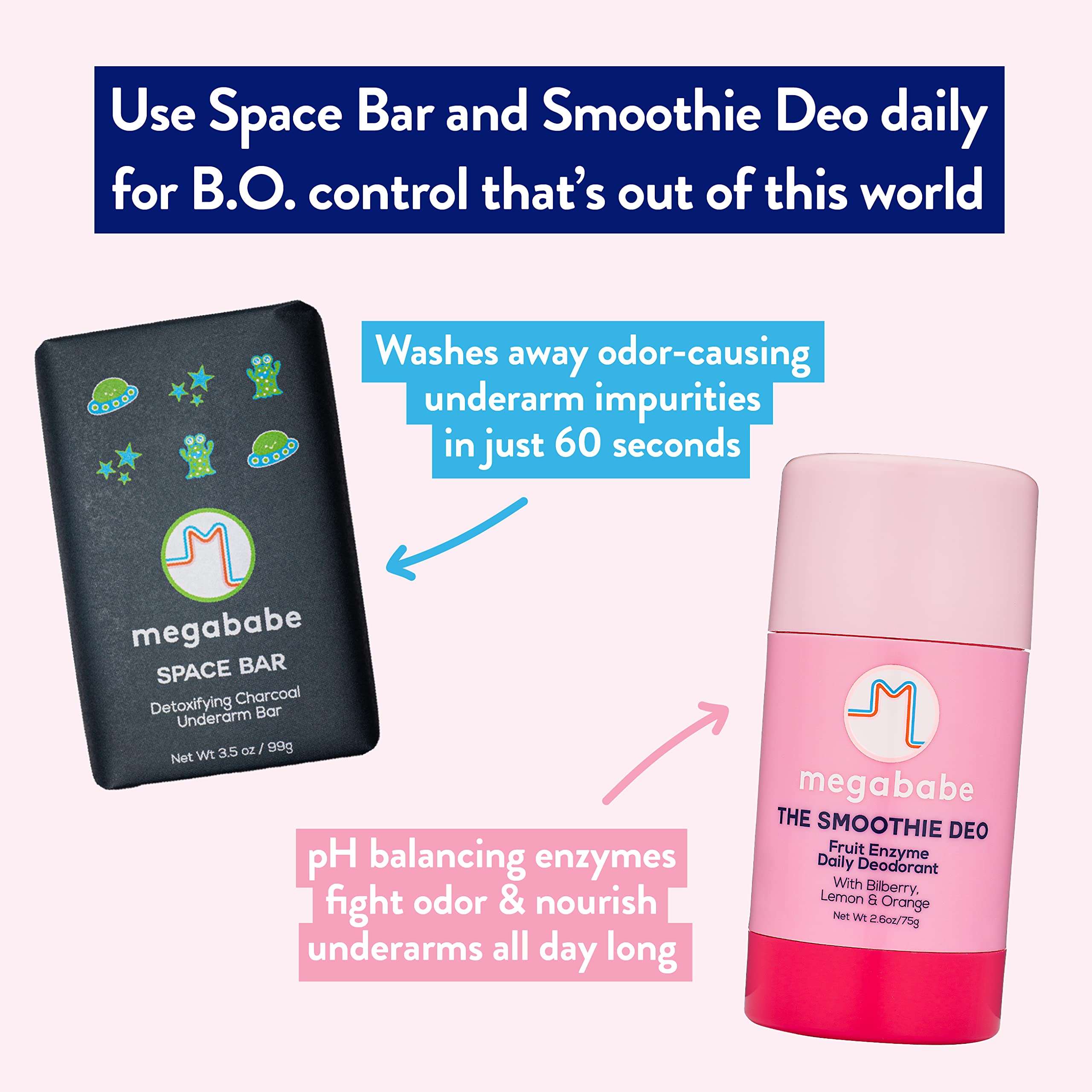 Megababe Underarm 2-Piece Bundle - Smoothie Deo Daily Deodorant 2.6 oz & Space Bar Detox Soap 3.5 oz | Odor Protection, Aluminum Free