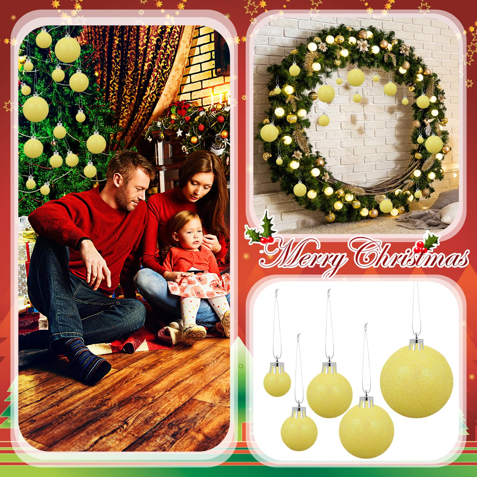 100 adornos de bolas de Navidad amarillas con purpurina de 5 tamaños, inastillables, árbol de Navidad con lazo para colgar y cuerda, bola decorativa de Navidad para decoración de guirnaldas colgantes