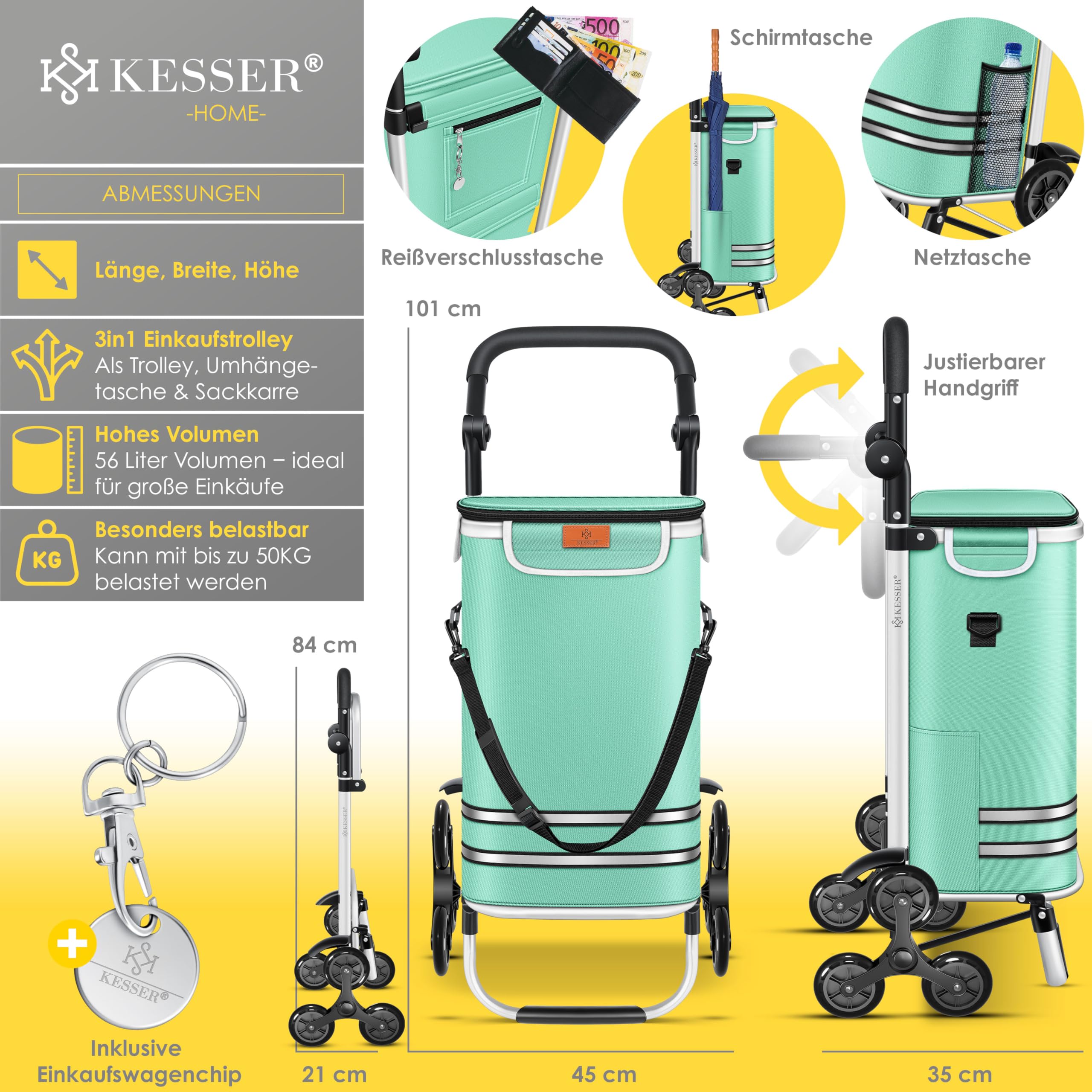 KESSER® Carro de la compra- Carro de la Compra con Compartimento Frigorífico, 56L de Capacidad, Capacidad de Carga hasta 50kg, 3en1 Carro y Bolsa bandolera, incl. Chip de compra, Plegable, Verde Menta